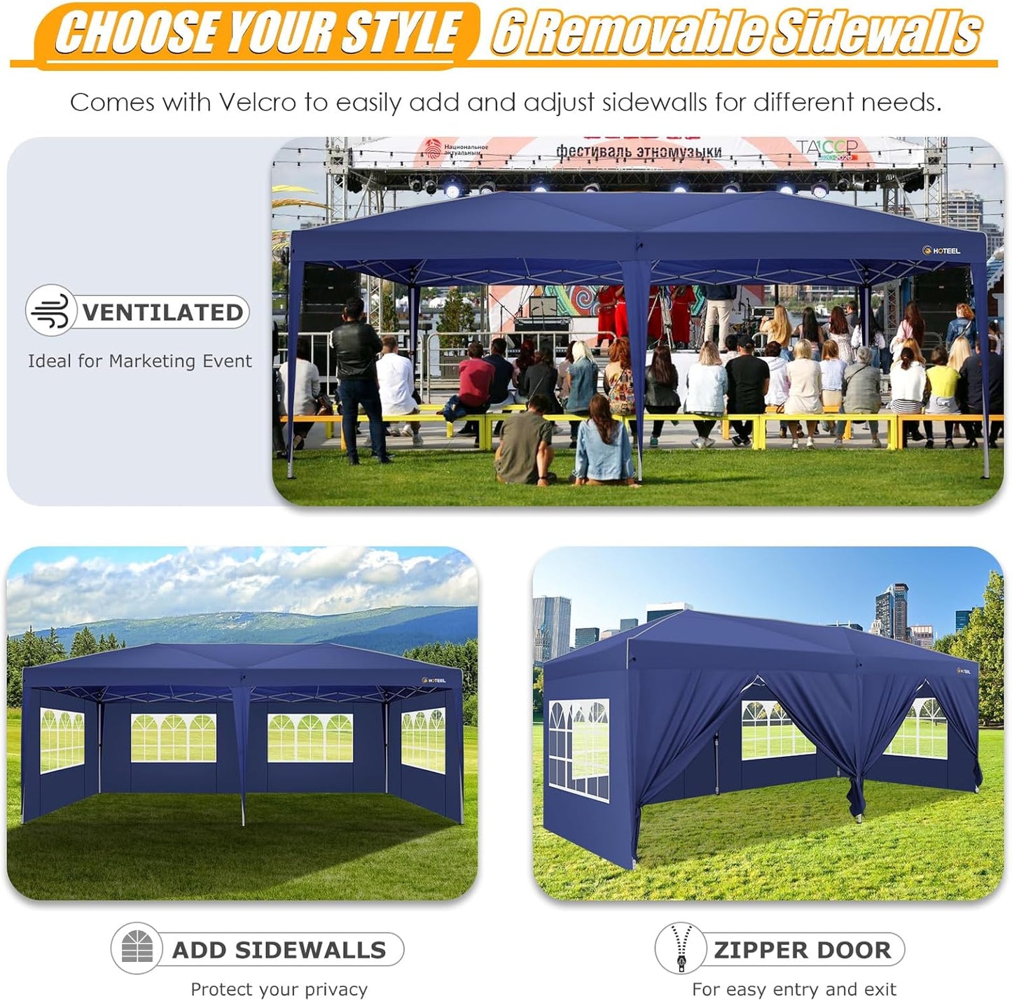 HOTEEL 10x20 Pop up Canopy with Sidewalls, One Push Outdoor Tents for Parties Waterproof Canopy Tent with Center Lock, Reinforce Rod,Easy Setup Event Tent with Sandbag for Backyard,Camping,Market,Navy