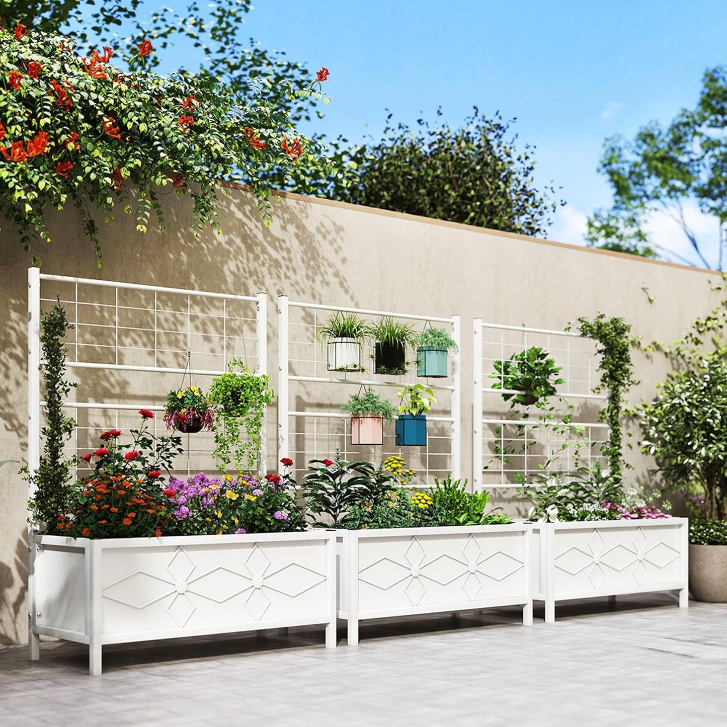 Outsunny Planter Box with Trellis, 35.4 x 15.7 x 47.2 inch Raised Garden Bed with Drainage Holes, Planters for Outdoor Plants, Vegetables, Flowers, Herbs, Trellis Planter, White