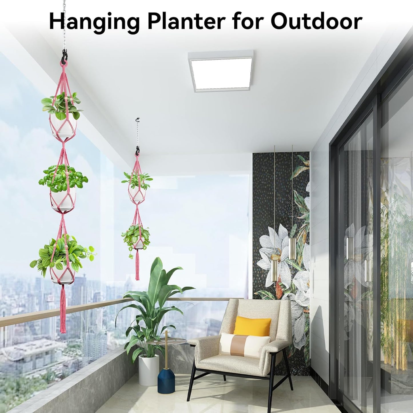 USLAI Macrame Plant Hanger Indoor Outdoor, Up to 4-15 inch Pot, Heavy 20lb Planters, Extra Long Strong Hanging Planter Basket Holder, Boho Home Decor, 49+72 Inch, Pink (POTS NOT Included)