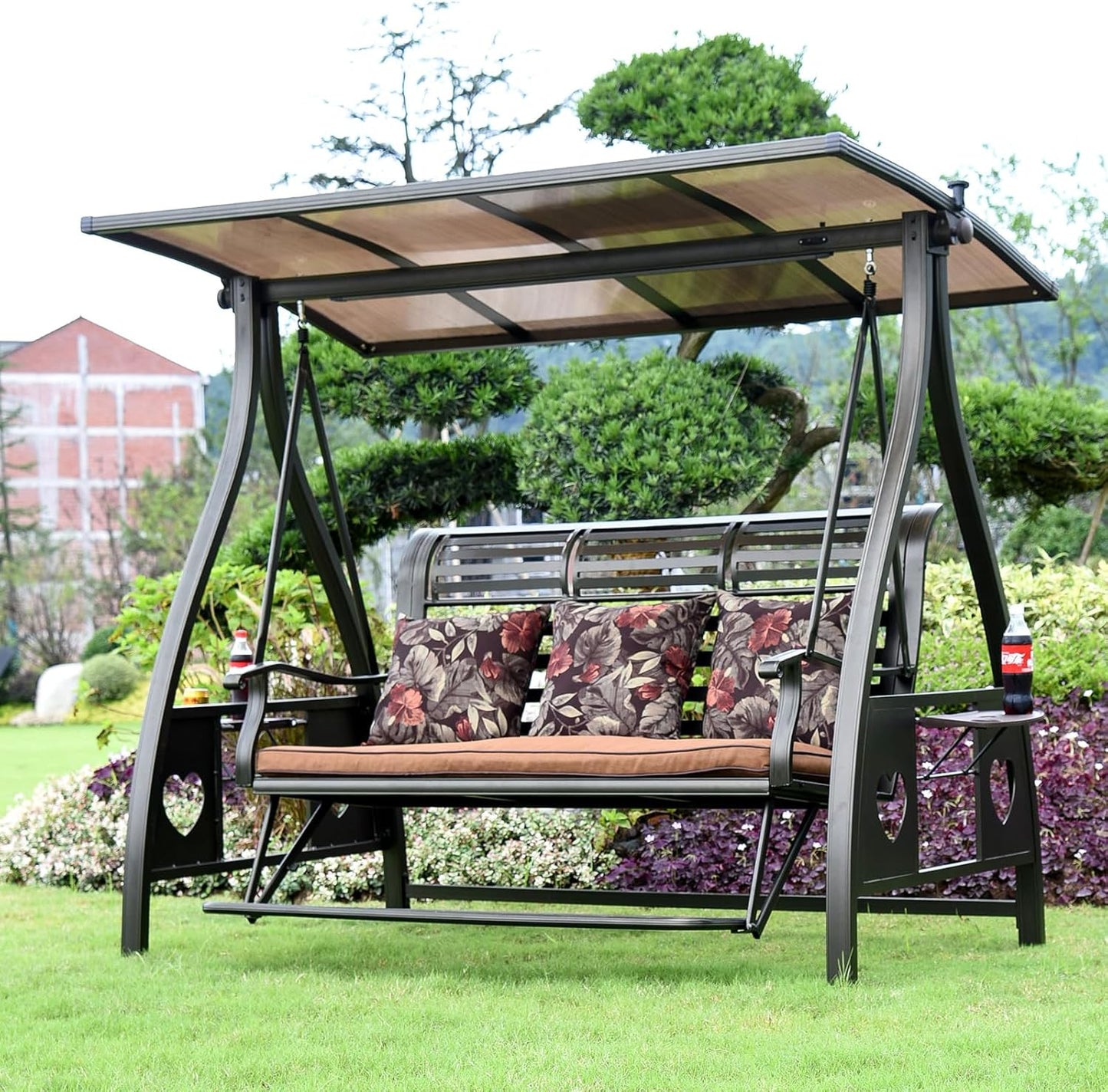 3-Seat Solar Outdoor Patio Swing Chair with Footrest Outdoor Porch Swing with Aluminum Frame Adjustable Tilt Canopy for Poolside Balcony Backyard (Floral Pillow + Brown Cushion)