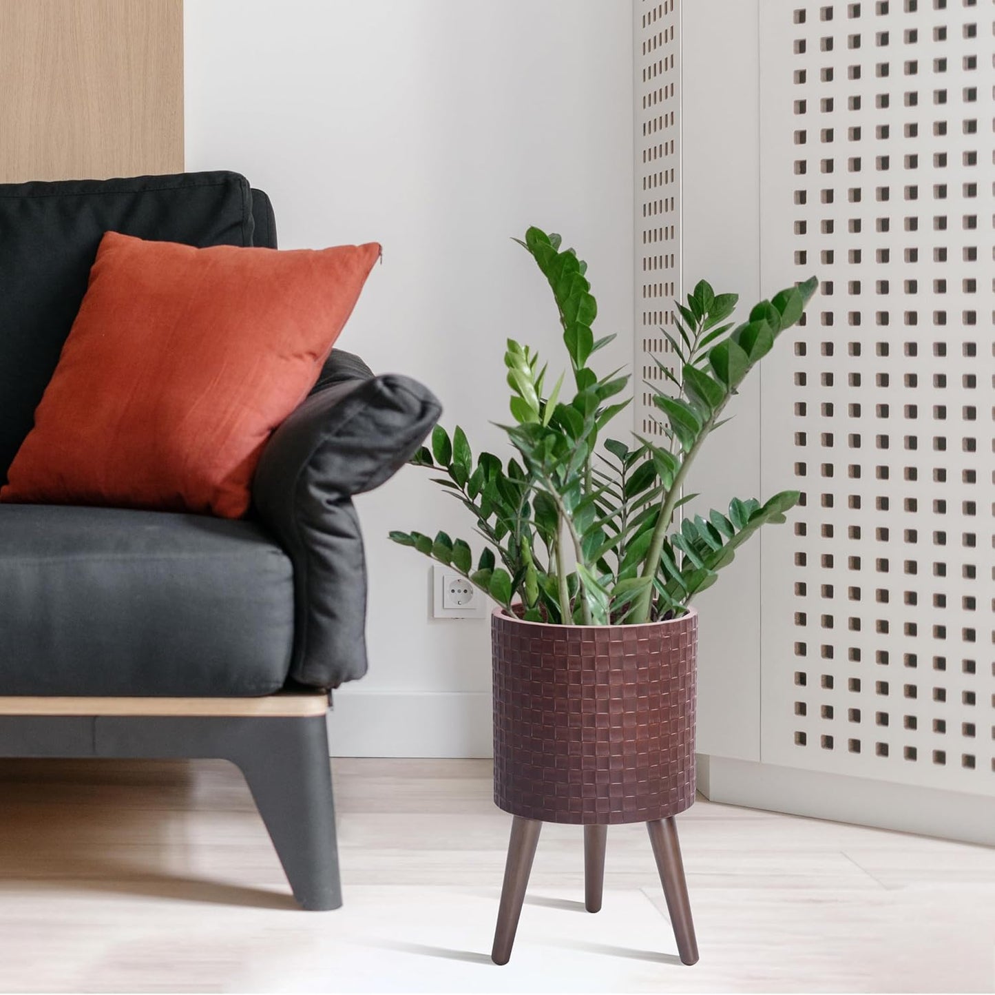 D'vine Dev 10 Inch Modern Geometric Tile Patterned Sleek Planter Pot with Stand, Indoor Outdoor Decorative Plant Holder, Espresso, 88-Z-B-6