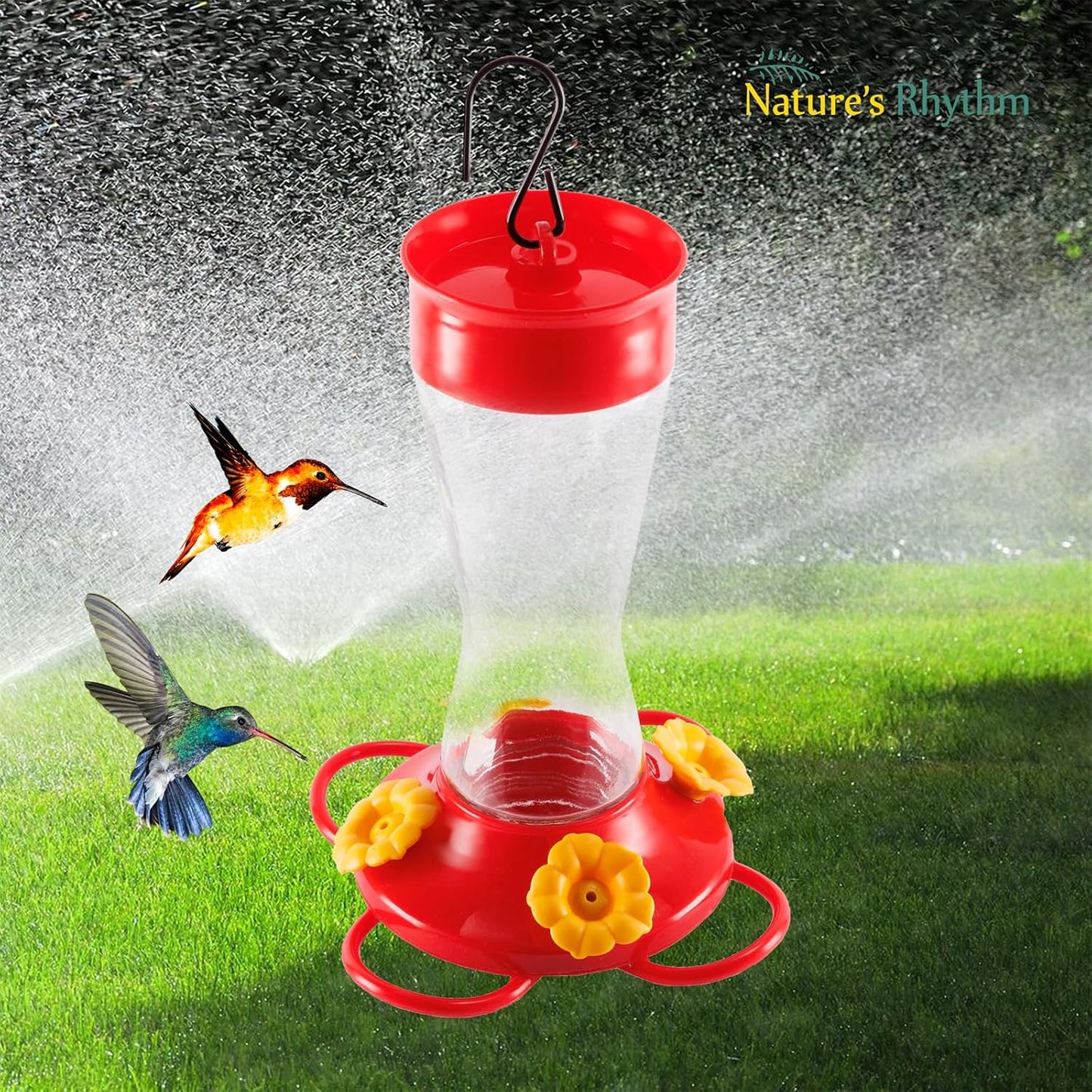 Nature's Rhythm Bird Feeder 4 bee Guard Plastic Yellow Flowers Feeding Port 8oz Glass Pinch Waist Hummingbird Feeder (1Pcs)