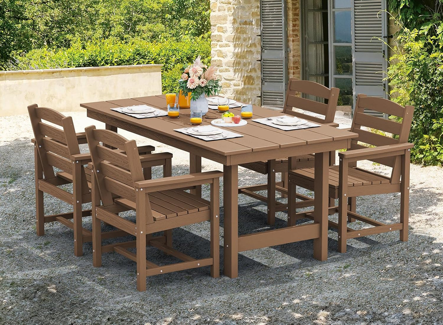 SERWALL Patio Dining Table Sets 5-Piece, Outdoor HDPE Dining Furniture Set with Umbrella Hole Cut-Out Table and 4 Chairs, All Weather Dining Set for Lawn, Garden, Backyard, Poolside, Brown