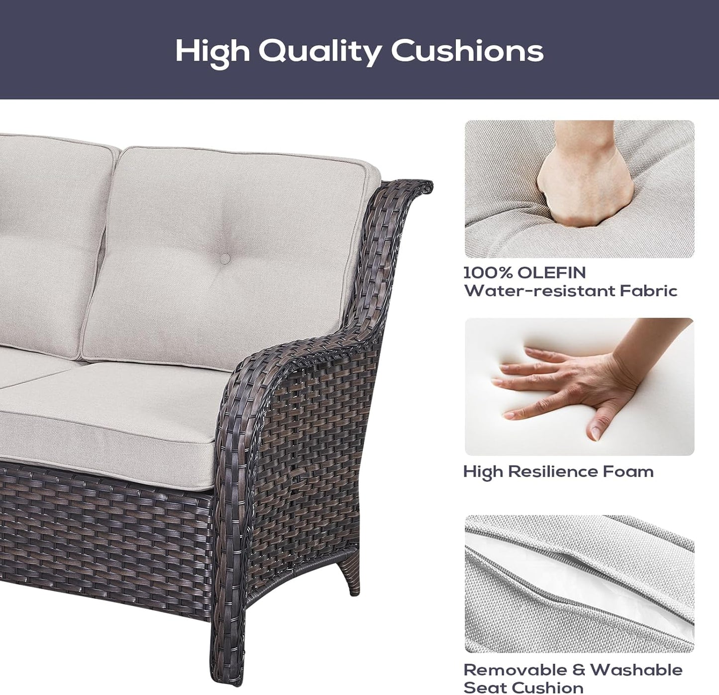 Outdoor Sectional Furniture Sofa Set with Propane Fire Pit Table, Wicker Patio Conversation Set with 2 Swivel Rocker Glider Chairs Beige Cushion Perfect for Backyard Casual Gathering