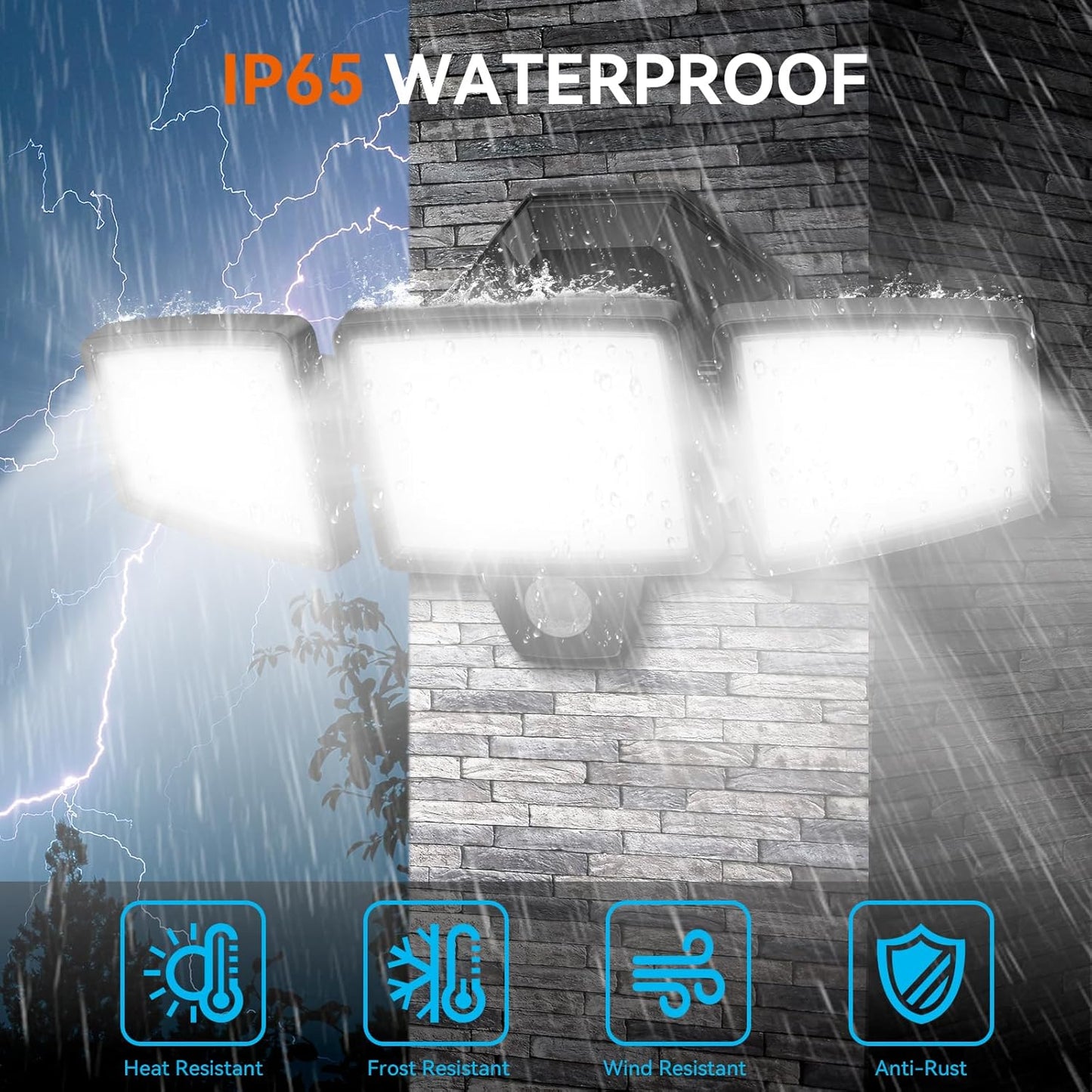 65W LED Flood Lights Outdoor, 6500LM, Waterproof, 6500K Motion Sensor Flood Lights Outdoor with Adjustable 3 Head Detected Floodlight for Outside Entryway Garage, Yard, Porch