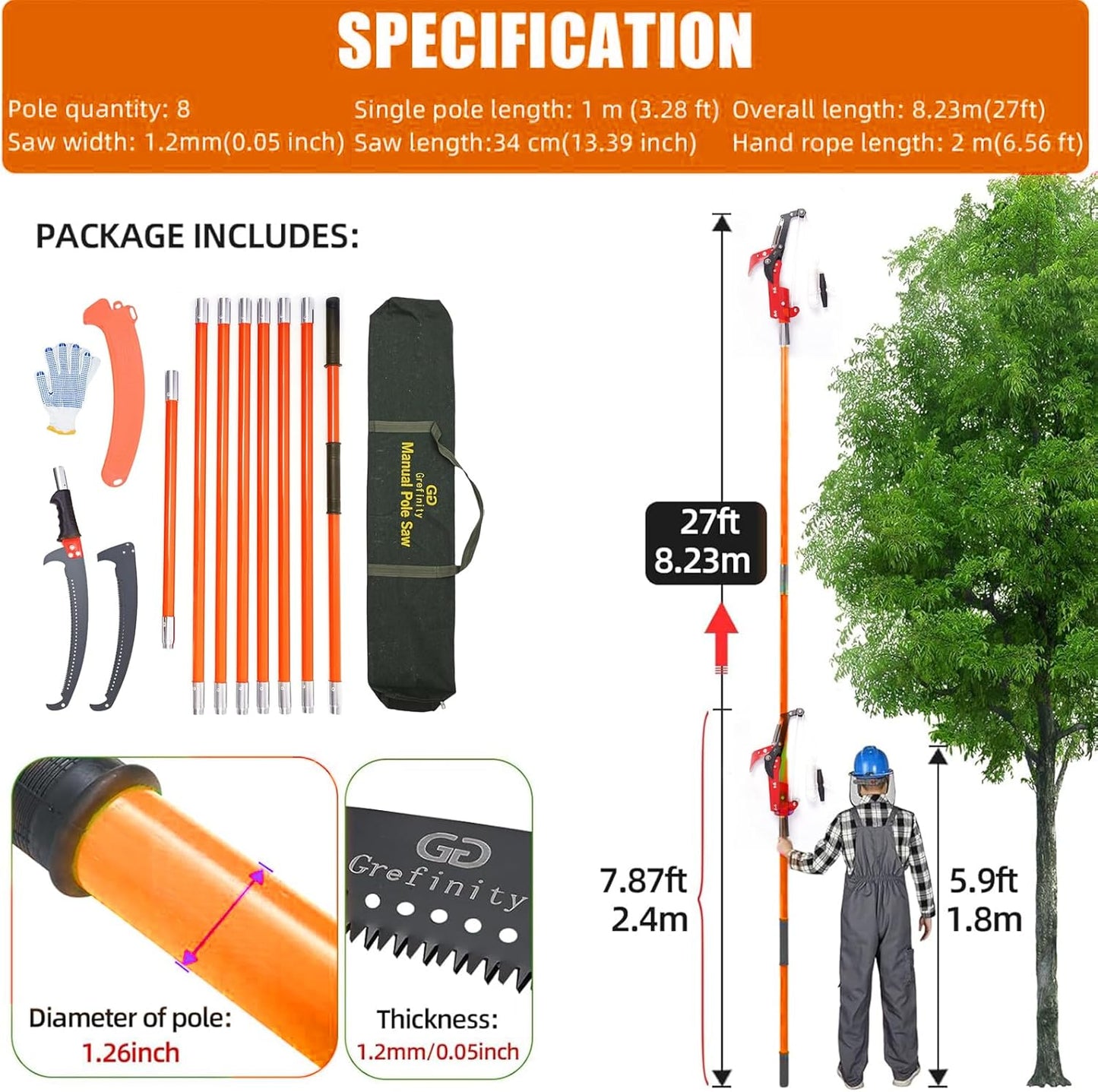 27FT Manual Pole Saw, Tree Branch Trimmer with 8-Section Fiberglass Handle, Sharp Steel Blade, Lightweight Extendable Design for High Branch Trimming, Orange