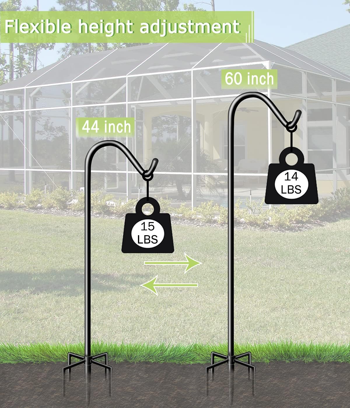 Garbuildman 60 Inch Tall Shepherd Hooks with 5-Forked Base, Adjustable Heavy Duty Bird Feeder Pole Stand Hanger for Outdoor, Shiny Black, 1 Pack