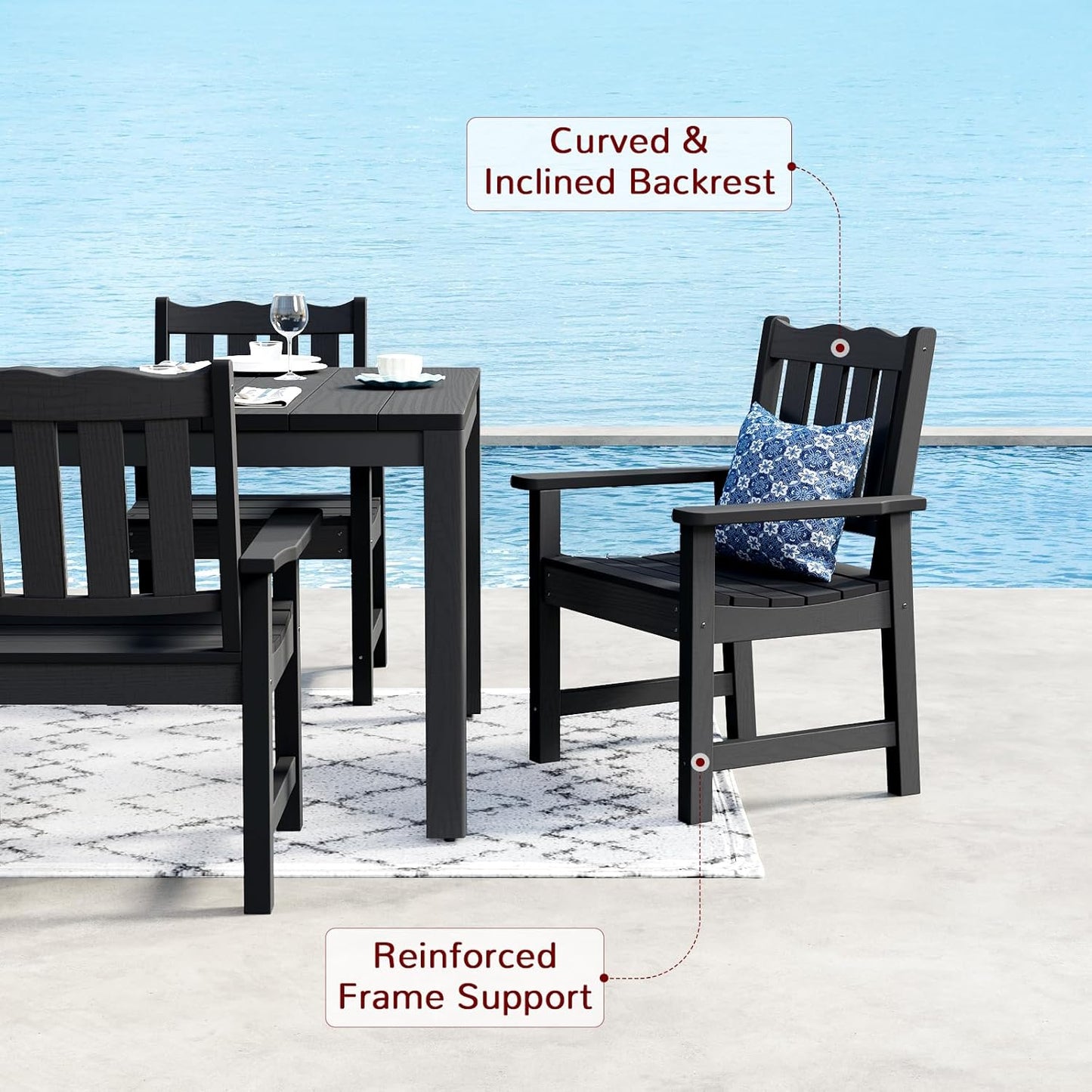 Stoog All-Weather Outdoor Chairs, Patio Dining Chair with Curved Backrest, 400 lbs Support Patio Chair, Black