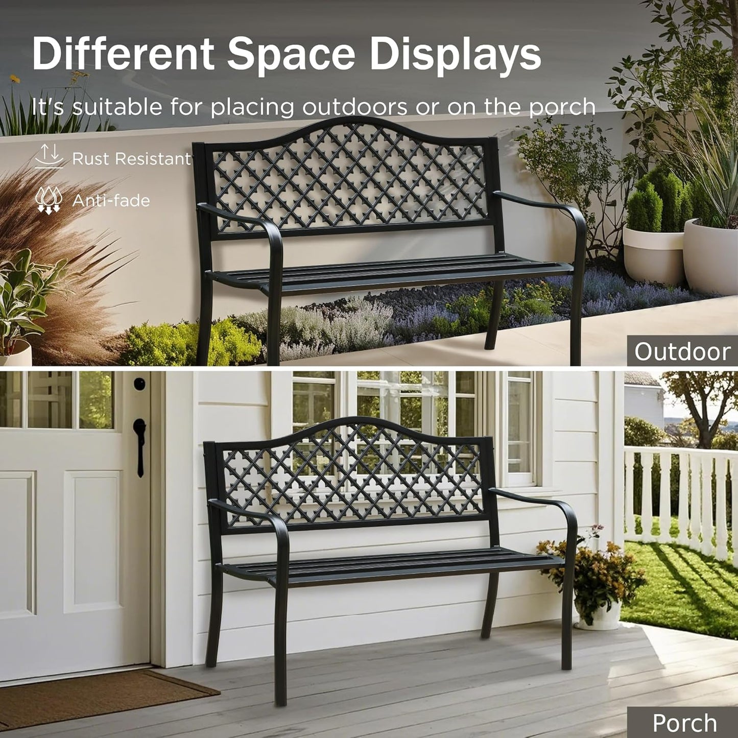 PHI VILLA 50" Outdoor Garden Patio Metal Bench for Outdoors with Plastic Backrest Armrests Sturdy Steel Frame, Black