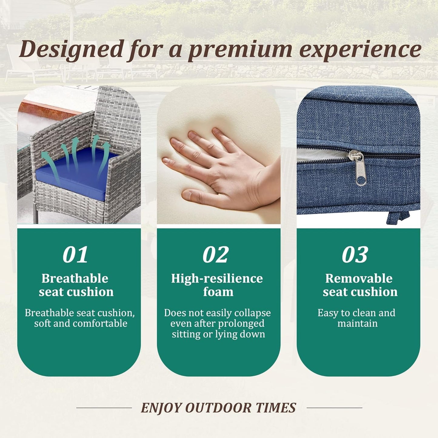 3 Piece Patio Furniture Set - Outdoor Conversation Sets with Coffee Table, Rattan Chair Set for Garden/Poolside, Grey/Navy Blue