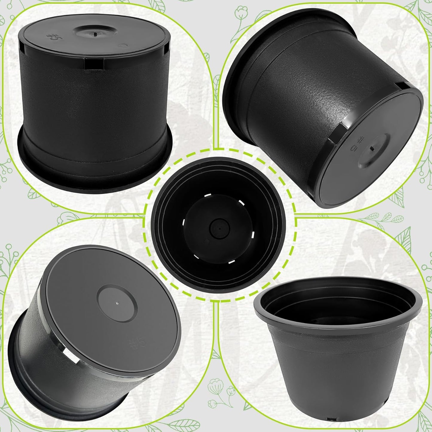 5 Gallon Nursery Pots Plastic Container Injection Molded Pot for Plants Flexible with Drainage Holes Suitable for Plants Soil Growers or Hydroponics Black 10 Pcs