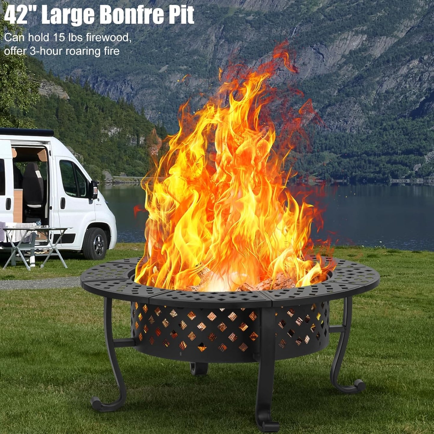 42 Inch Fire Pit with 2 BBQ Grills, Wood Burning Fire Pits for Outside with Lid & Fire Poker, BBQ& Outdoor Firepit & Round Metal Table 3 in 1 for Patio, Picnic, Party