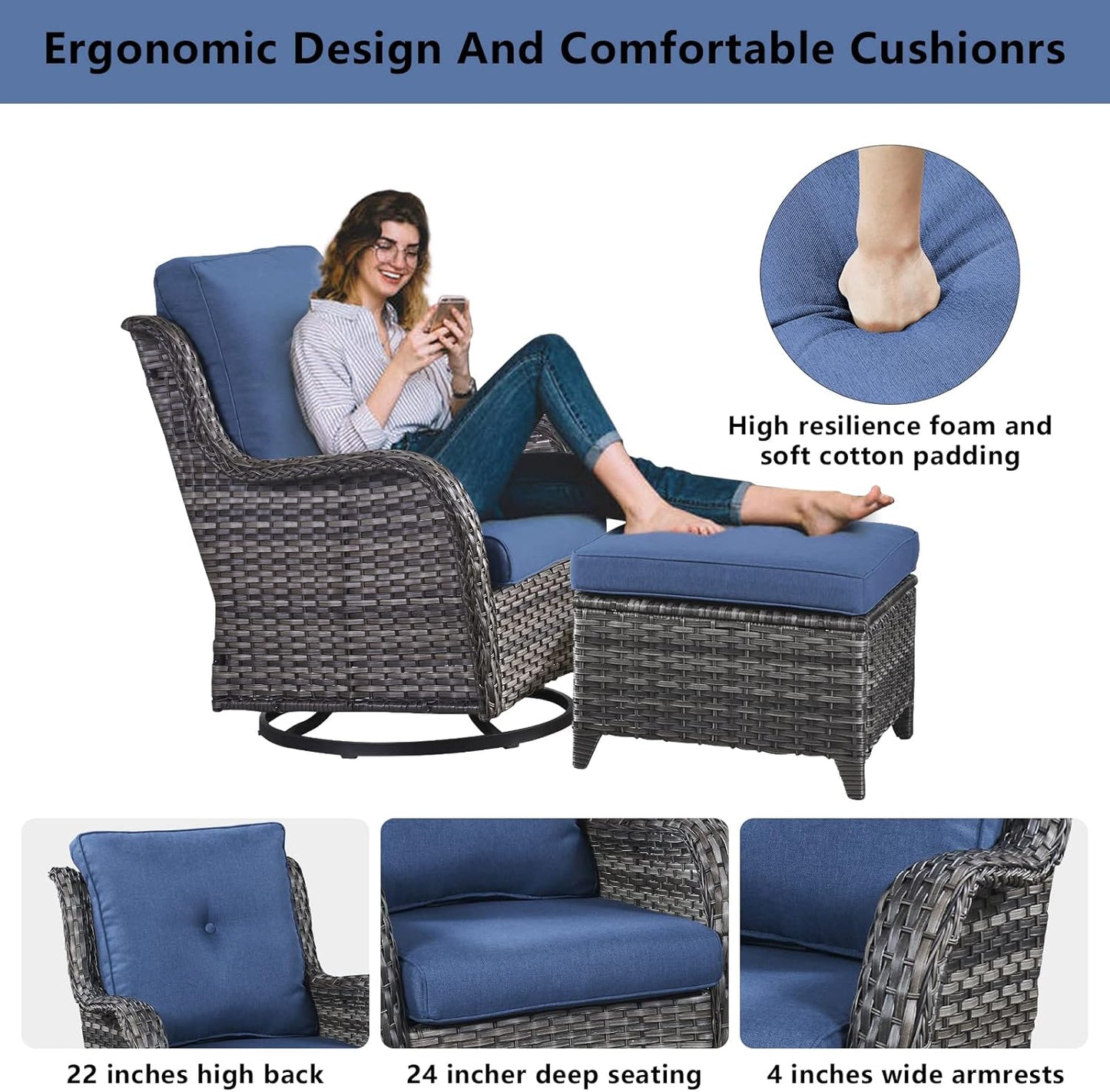 5 Piece Outdoor Patio Furniture Set - Wicker Furniture Patio Conversation Set, Outdoor Swivel Rocker Chairs with Loveseat Sofa and 2 Ottomans for Small Space, Blue Cushion