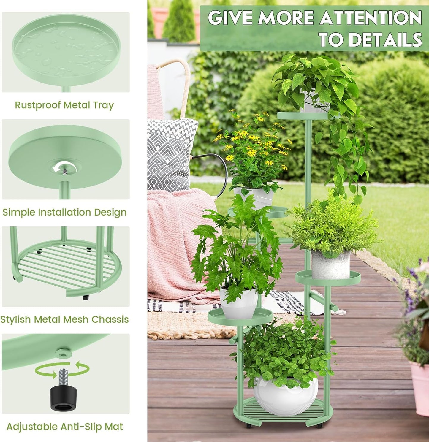 TOSKING 5 Tier Metal Plant Stand Indoor, Plant Shelf, Corner Shelf Flower Pot Stand for Outdoor Plant Stand for Living Room Balcony Garden Patio Bedroom (Green, 42inches)