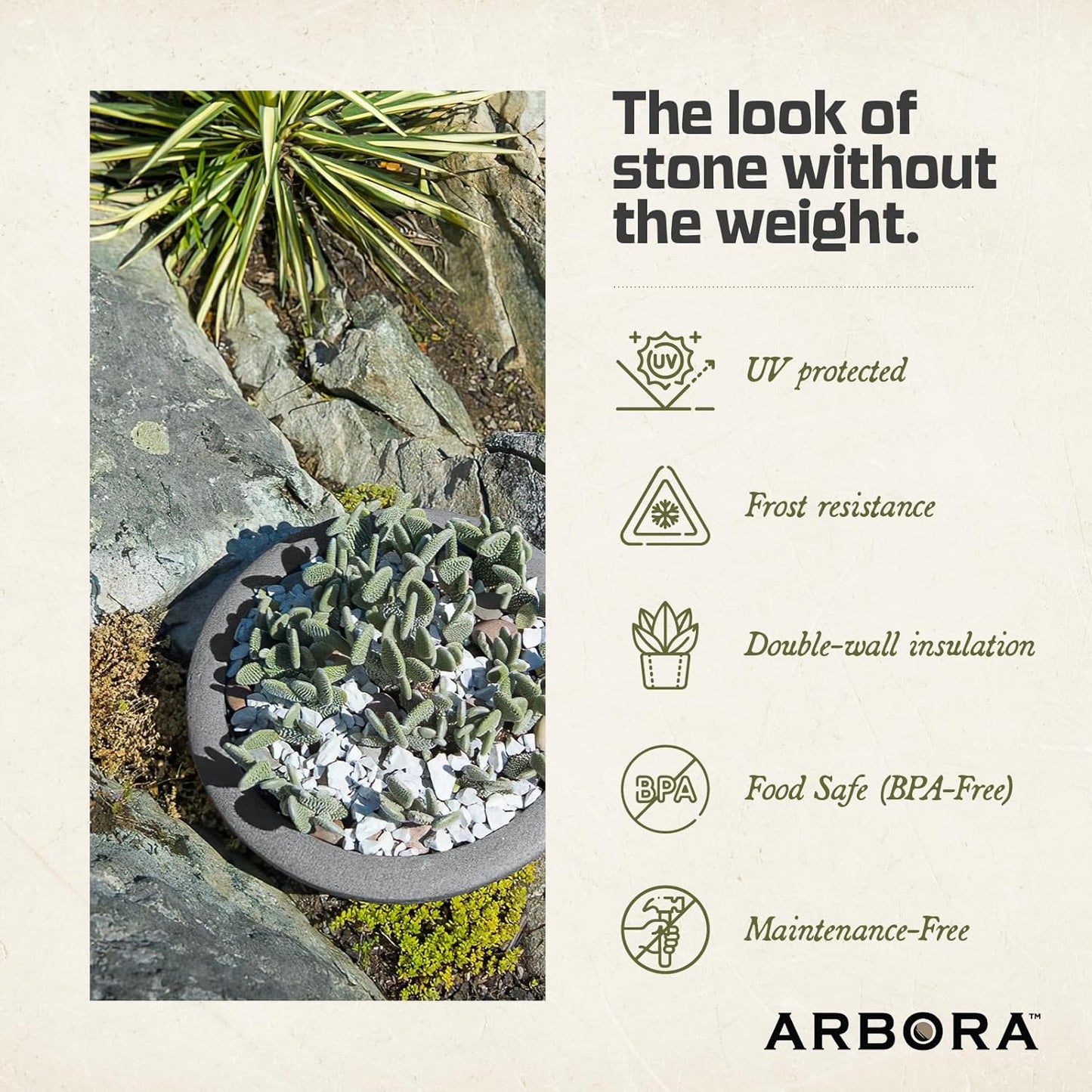 ARBORA 21" and 26” Santorini Bowls with Stone Blend Concrete Gray Finish - Polyresin Indoor and Outdoor Planters, Durable, Weatherproof, Lightweight, Large Plant Pots for Patio, Garden, Deck