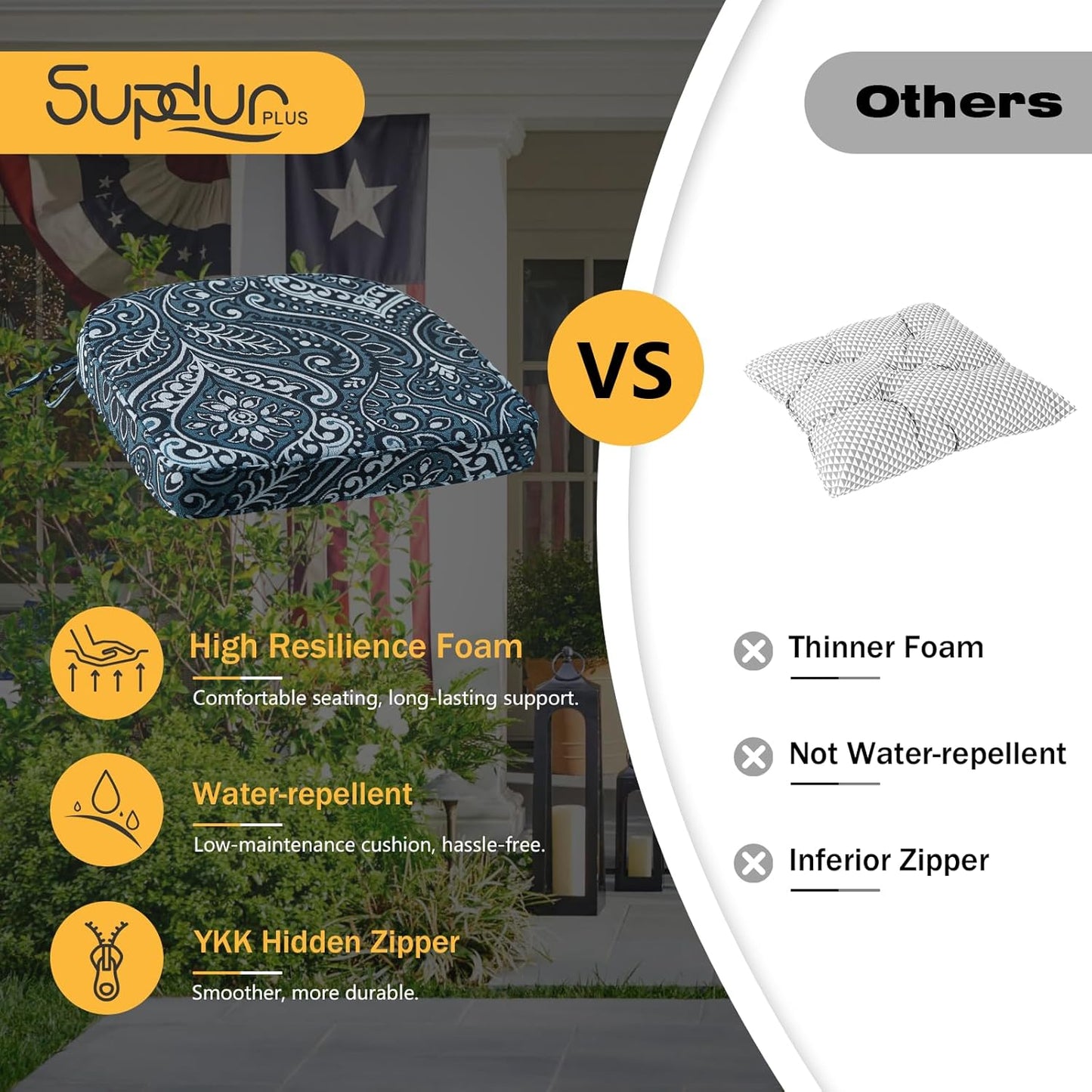 Outdoor Round Corner Seat Cushion, 17"x16"x2", Set of 4, Non Slip Seat Cushion Pads with Removable Cover for Patio Furniture, Garden Yard Lawn, Damask Vine