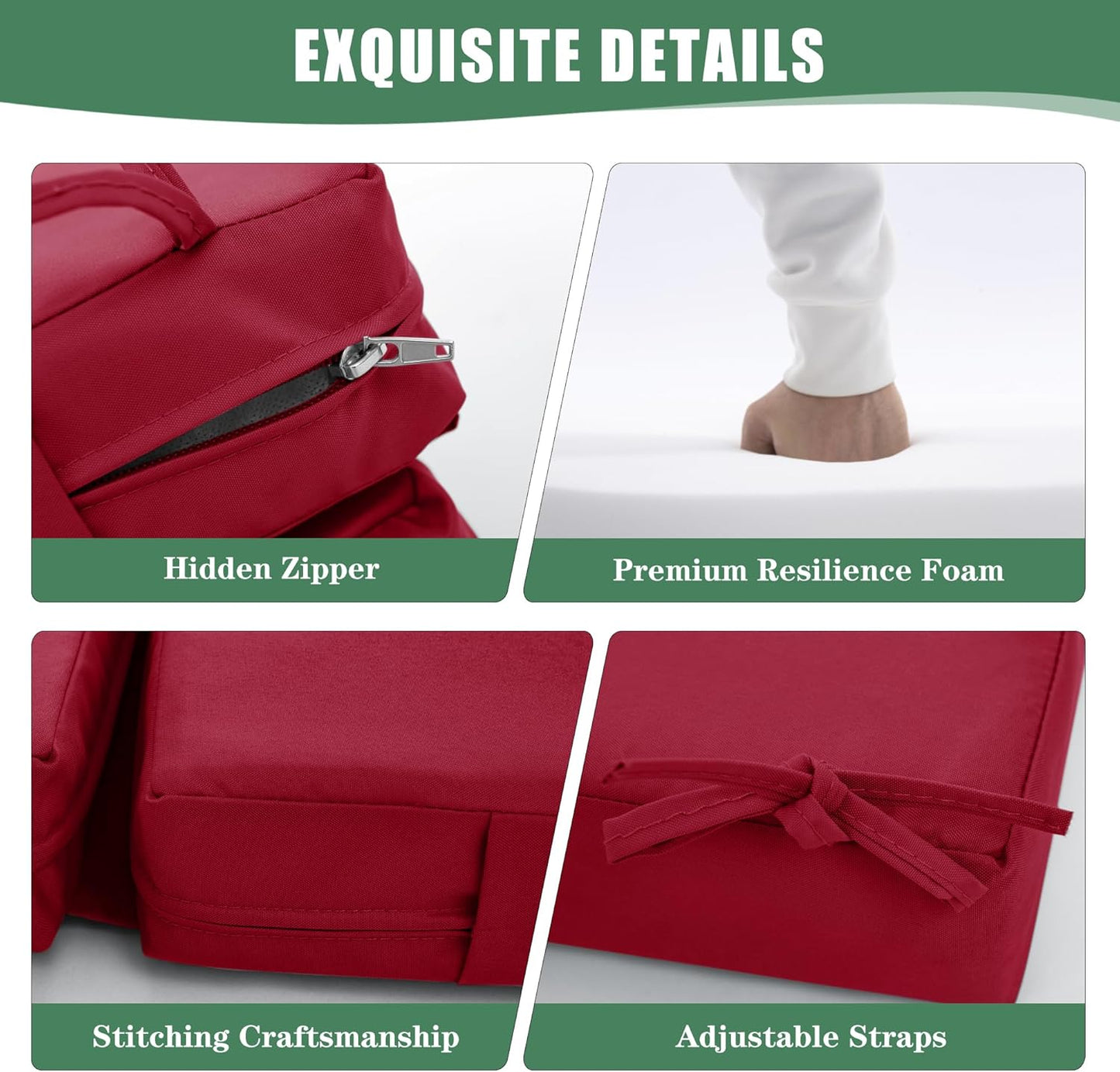 Chaise Lounge Cushions Outdoor Set of 2 - Waterproof and Fade Resistant Sun Lounger Replacement Cushions - Patio Lounger Pads with Removable Cover for Pool, Deck, Lawn, 80 x 26 x 3 Inch, Red