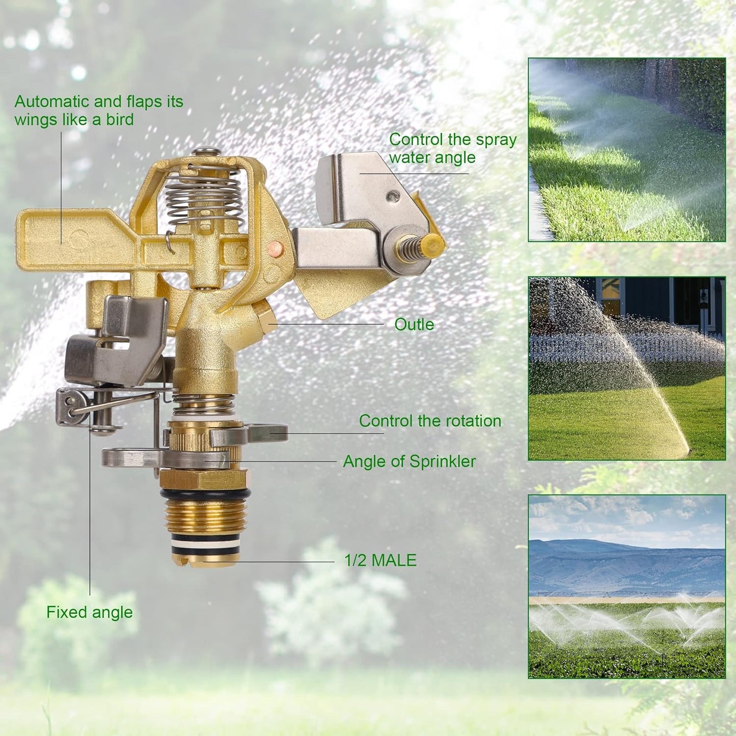 Biswing 1/2 Inch Brass Impact Sprinkler 2 Pack, Heavy Duty Lawn Sprinkler Head with Nozzles, Adjustable 20-360 Degree Large Coverage Pattern, Watering Sprinkler for Grass Patio Garden Irrigation