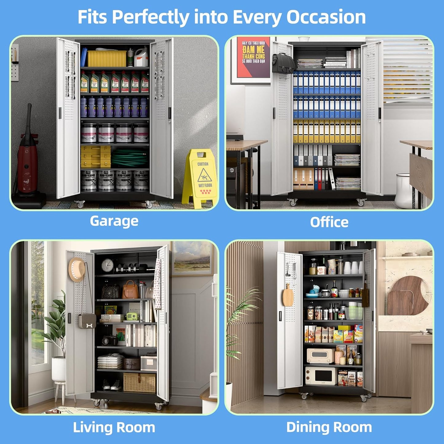 Metal Garage Storage Cabinet with Wheels & Pegboard, Lockable Metal Storage Cabinets with 2 Doors&5 Adjustable Shelves for Garage&Home,Assembly Required,Black Gray 71''H x32''W x16''D