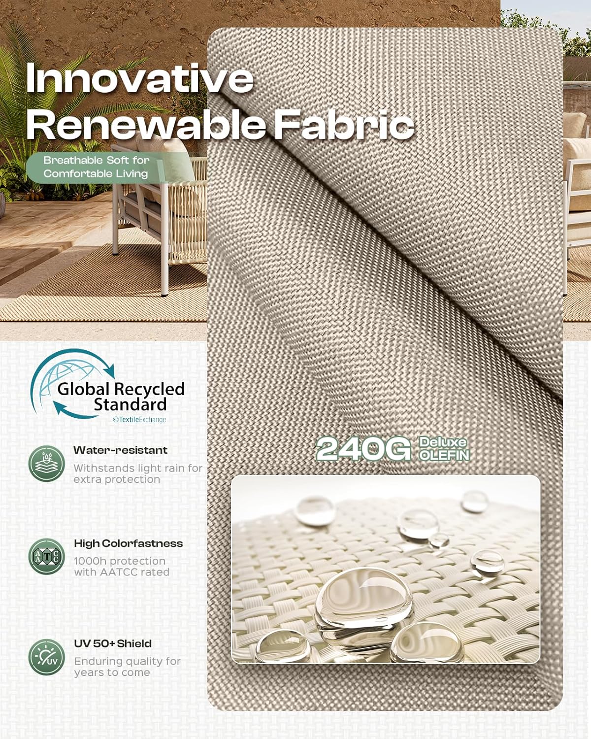 Aluminum Outdoor Patio Furniture Set, HDPE Rope 5 Piece Modern Sectional Conversation Sets with Dual-Layer Coffee Table, All Weather Patio Couch Set with Thick Cushions, Silver Frame, Beige