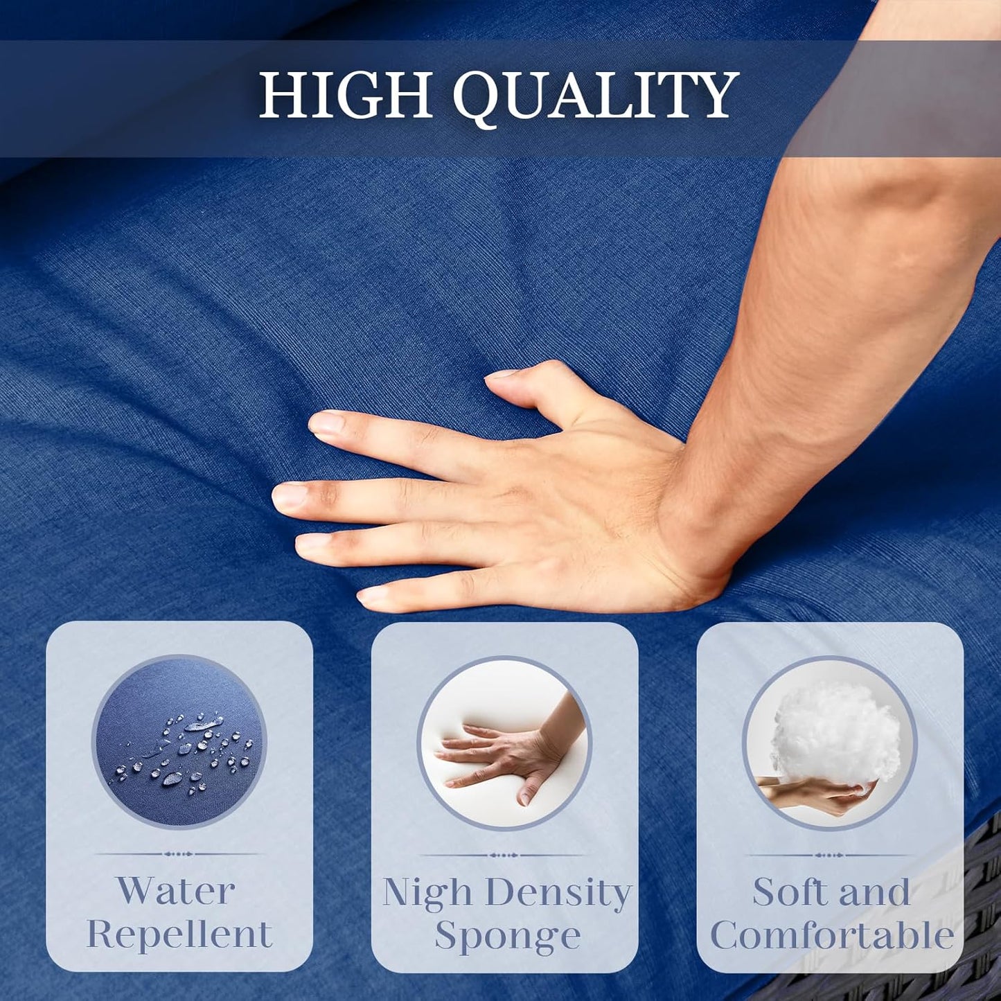 HUMMUH Outdoor Patio Couch-Outdoor Rattan Couch with Thick Cushions Outdoor Sofa for Deck Lawn Porch Balcony Poolside-Brown/Blue