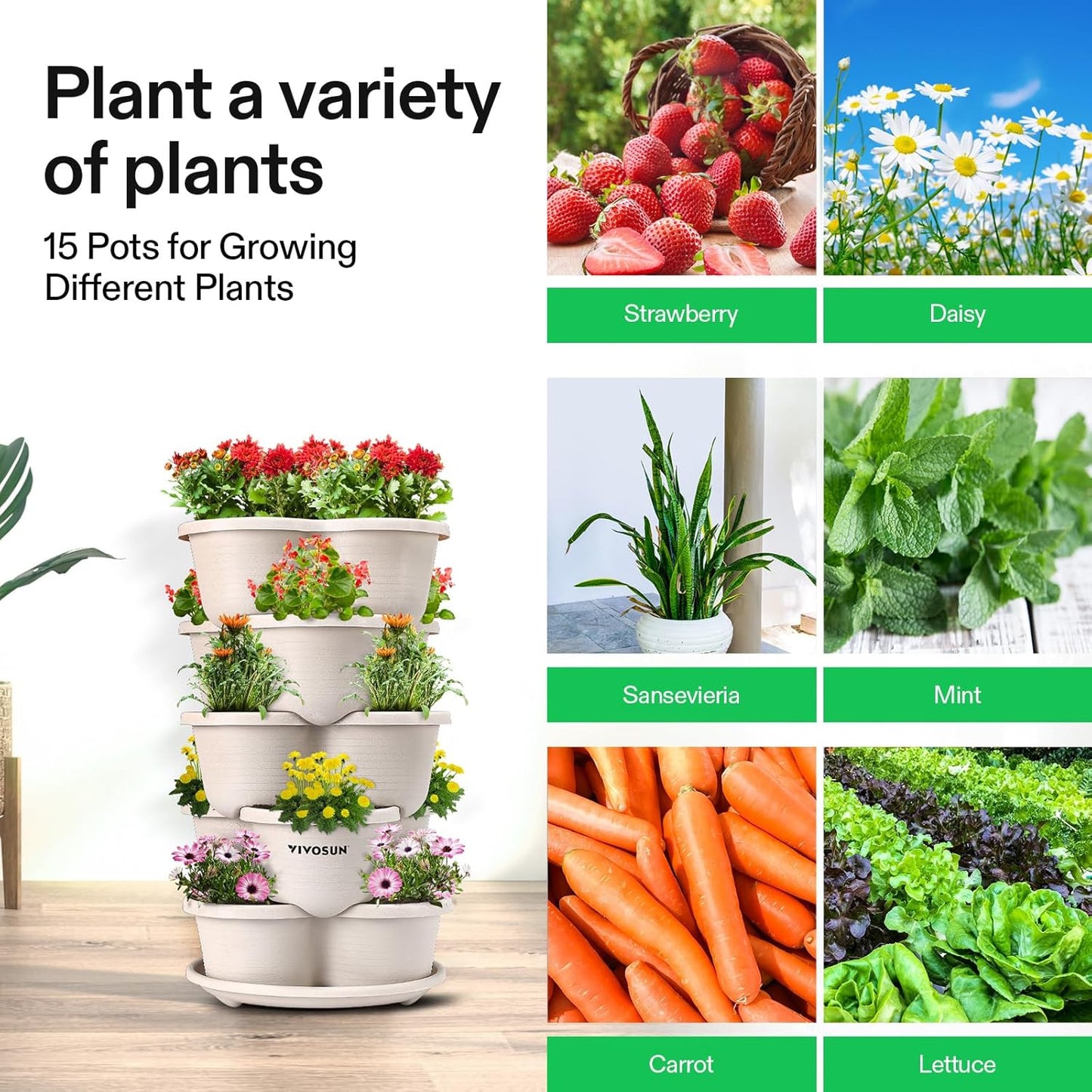 VIVOSUN 2-Pack 5 Tier Vertical Gardening Stackable Planter for Strawberries, Flowers, Herbs, Vegetables, Ivory