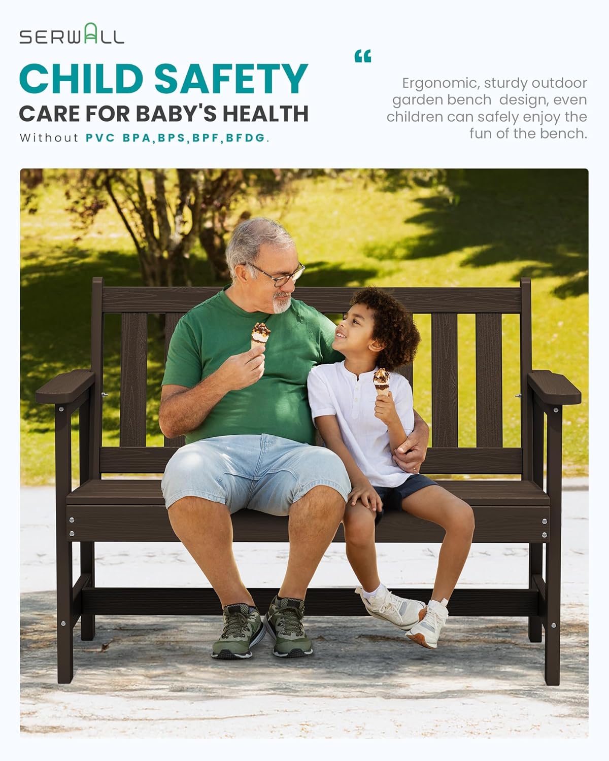 SERWALL Outdoor Bench, HDPE Outdoor Benches Weatherproof, 2-Person Garden Bench with 660 lbs Weight Capacity, Patio Benches for Outdoors, Garden, Porch, Backyard and Park, Coffee