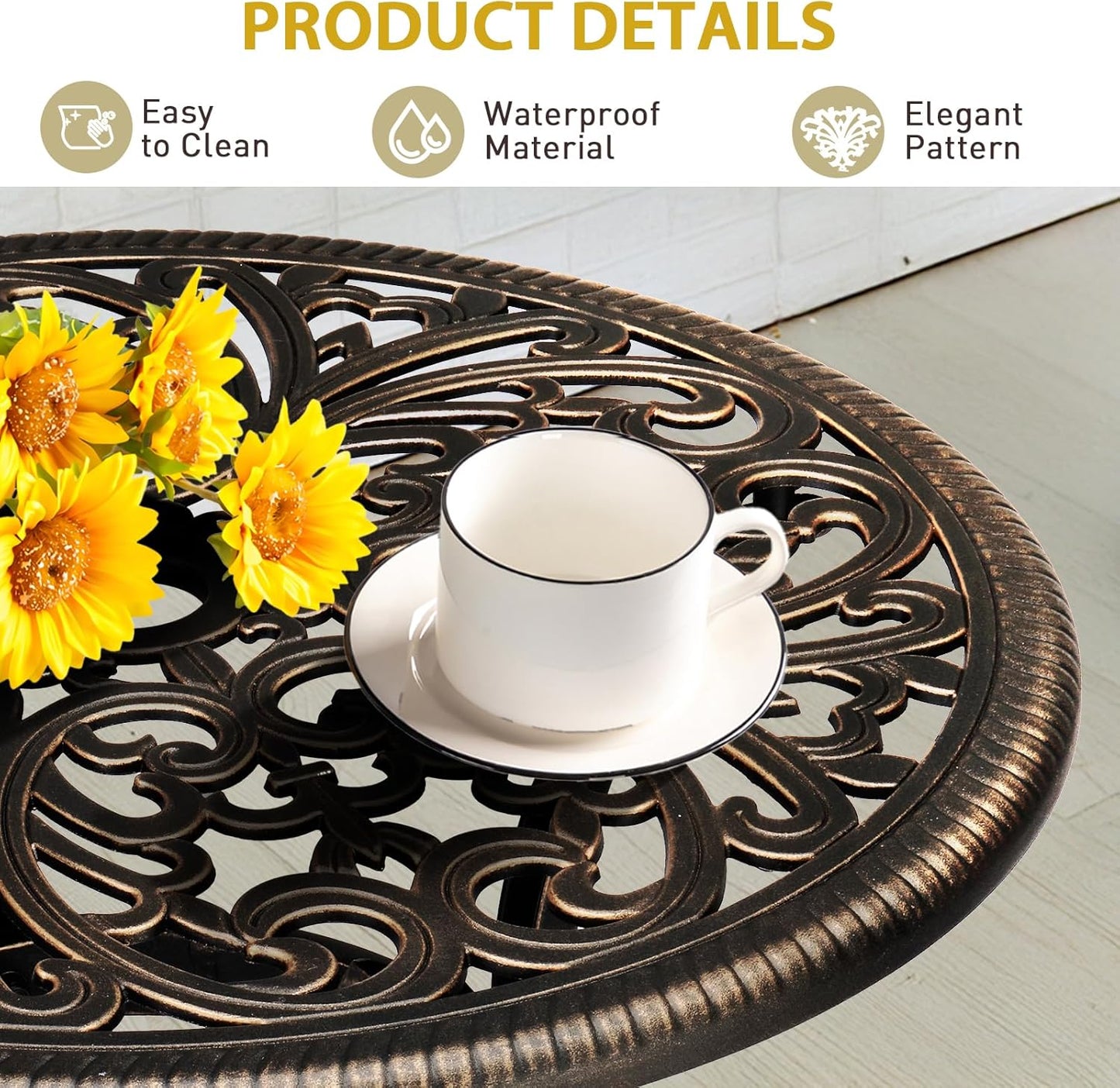 Outvita Patio Side Table, 23.6in Outdoor Round Cast Aluminum Bistro Table with Umbrella Hole and Antique Design for Backyard Porch Pool Balcony Deck Bronze