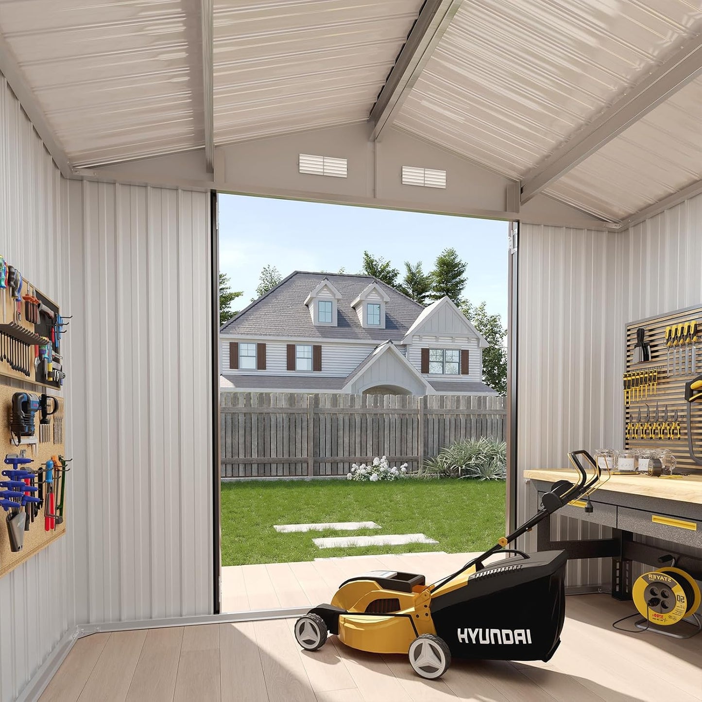 Aoxun 7x5 FT Outdoor Storage Shed with Base Garden Metal Shed with Lockable Door Outdoor Large Shed for Tool, Garbage Can, Bike, Mower, Brown