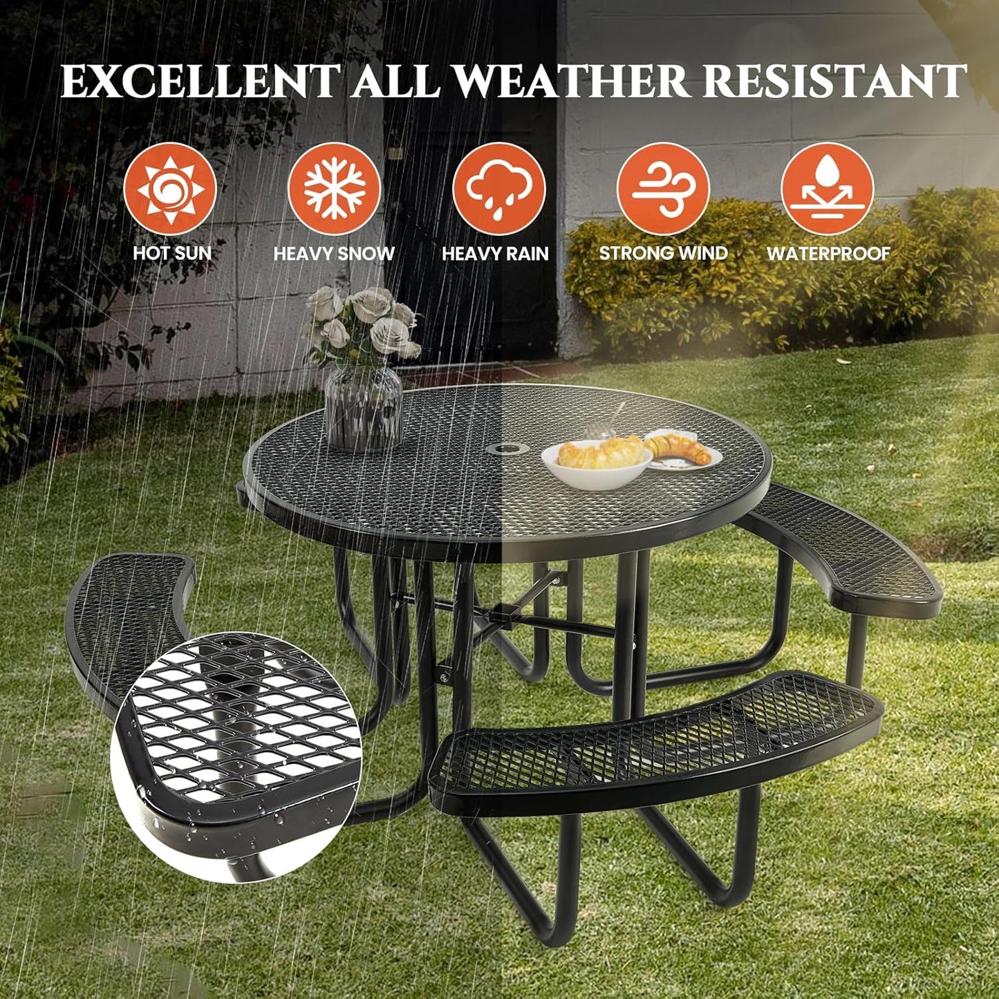 Heavy-Duty Park Bench or Table for Outside - Black Coated Outdoor Furniture Steel Bench, Commercial-Grade Outdoor Benches Weatherproof for Park, Patio, Porch (Black, 46” (Rd. Table))