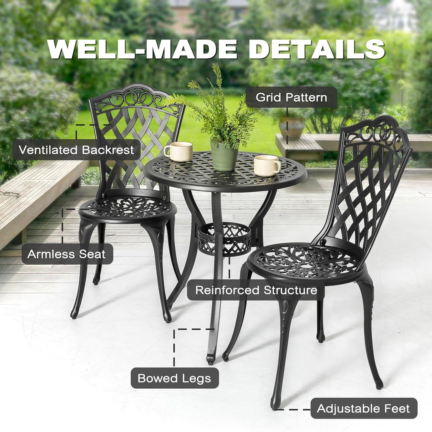 NUU GARDEN 3 Piece Outdoor Bistro Table Set, All Weather Cast Aluminum Patio Bistro Sets Patio Table and Chairs Set of 2 with Umbrella Hole for Yard, Garden, Balcony, Black