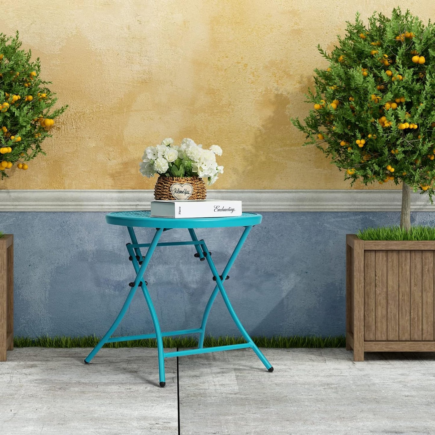 TeoKJ Folding Outdoor Side Tables, Anti Rust Small Patio Table Round Metal Nightstand with Flower Cutouts for Porch Yard Balcony Deck Lawn, Blue