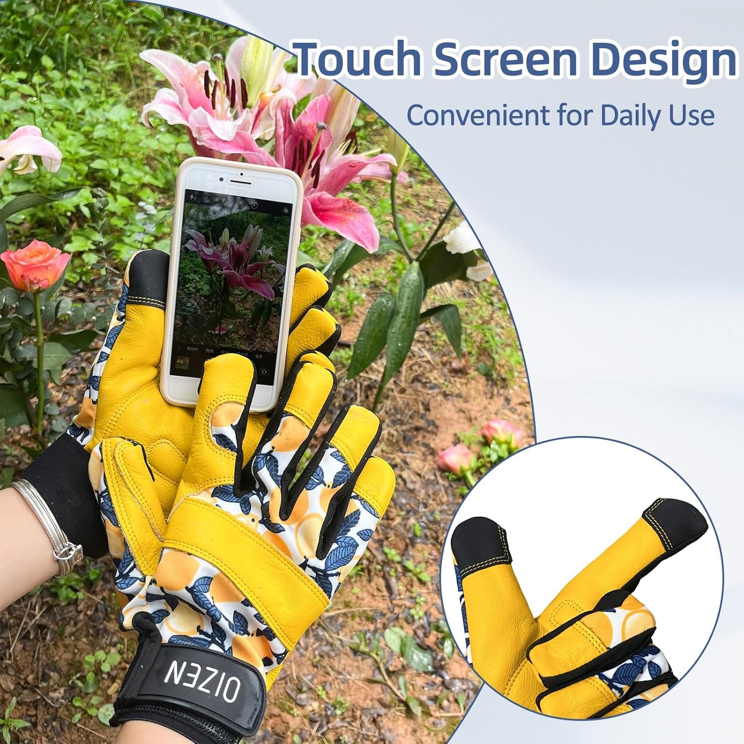 2 Pair Cowhide Leather Thorn Proof & Puncture Resistant Gardening Gloves for Women and Men, Touchscreen Compatible Working Gloves for Weeding, Digging, Planting, Gardening Gifts for Women (Medium)