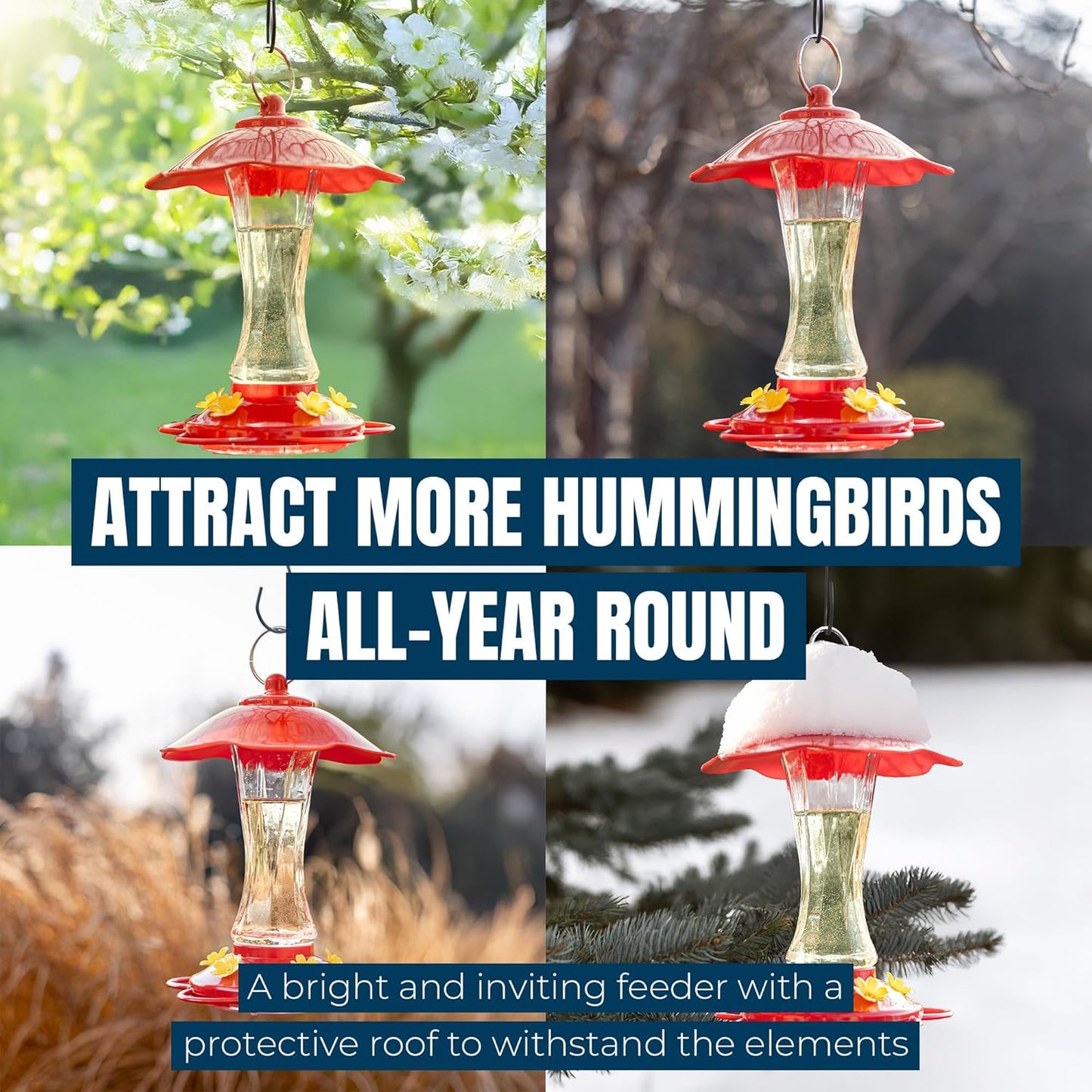 MEKKAPRO Hummingbird Feeders for Outdoors Glass - Red Hummingbird Feeders for Outdoors, Metal Ring, Bee-Proof Design, Easy Assembly, Red Hummingbird Feeder 10 oz