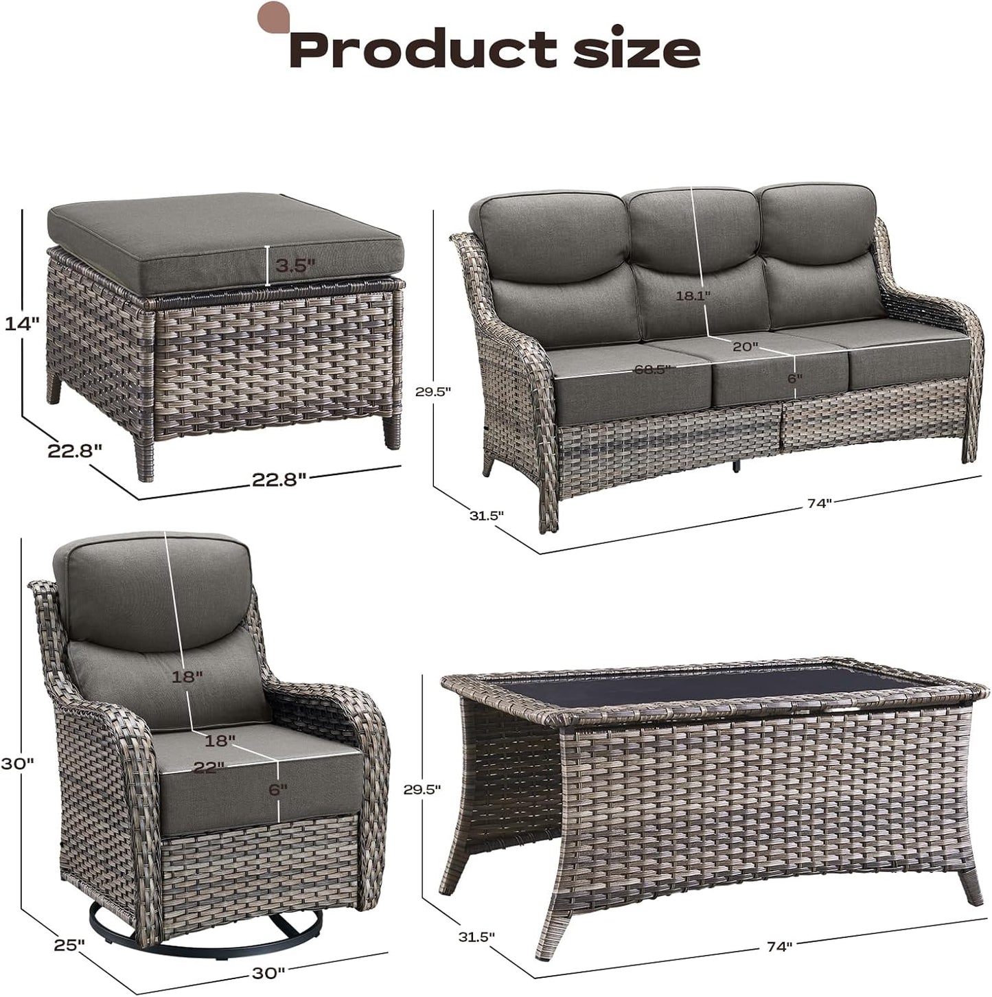 Wicker Outdoor Patio Furniture Set - 8 Piece Patio Conversation Sets with Swivel Rocker Chairs, Ottomans, Sofa and Coffee Table, 6 inch Cushions, Deep Seating, for Porch Deck Mixed Grey/Grey