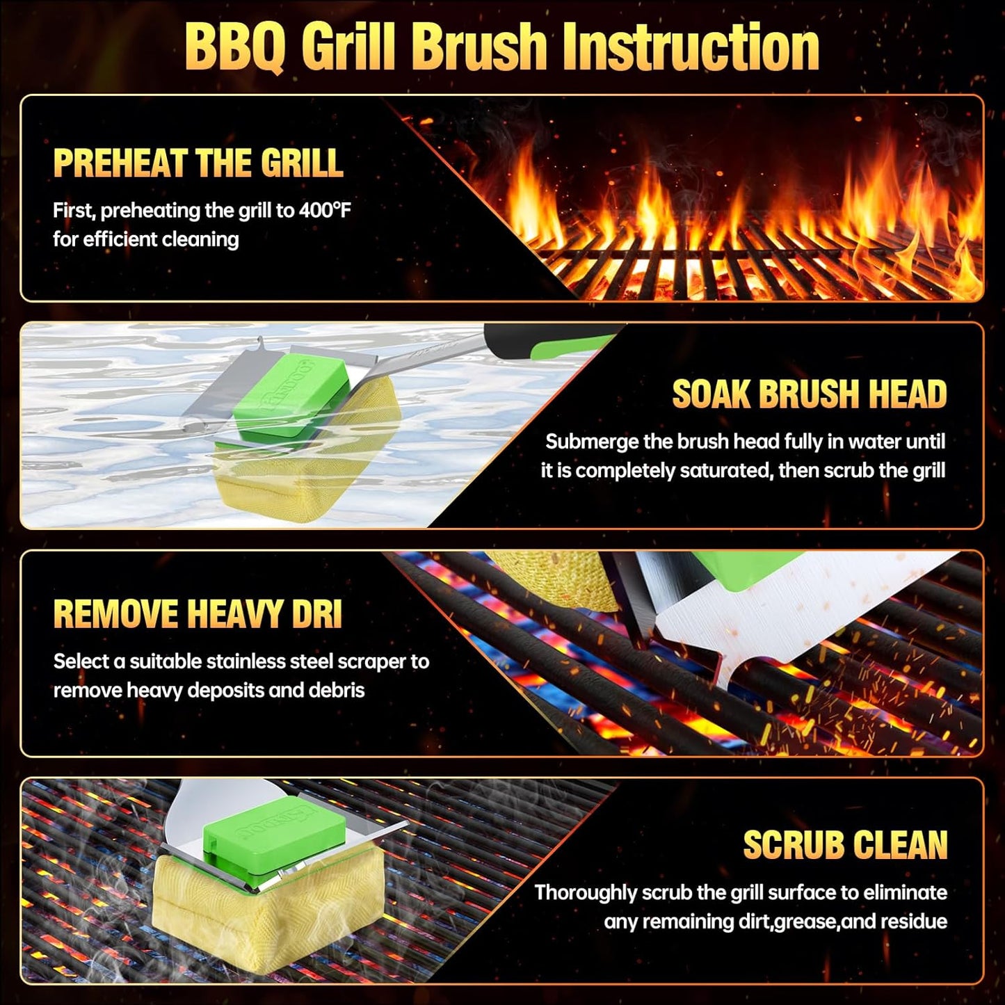 Grill Brush Bristle Free for Outdoor Grill, Steam Grill Cleaning Brush Replaceable BBQ Cleaner Brush Head,Extended Handle, Safe Grill Brush with Scraper for Cast Iron Stainless-Steel Grates, Green