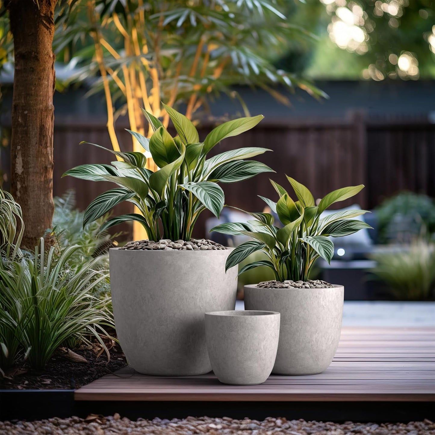 Kante 18",14",10" Dia Concrete Round Planters (Set of 3), Outdoor Indoor Large Planter Pots with Drainage Hole and Rubber Plug for Home Patio Garden, Light Gray