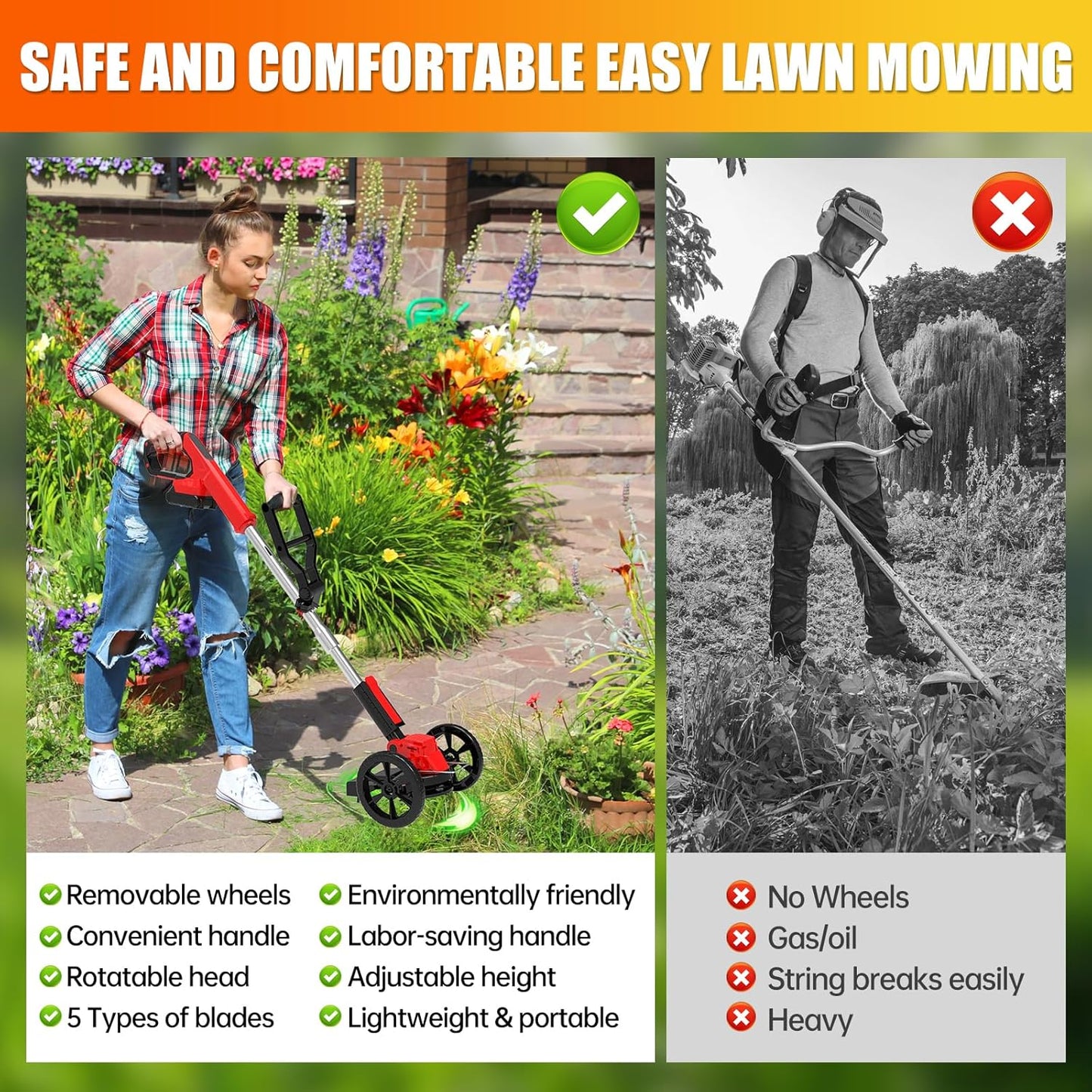 Electric Weed Wacker Eater Cordless Grass Trimmer Battery Powered with 2 Battery&25 Pcs Blades, 3 in 1 21V/2.0Ah Lightweight Portable String Trimmers/Edger Lawn Mower/Brush Cutter for Yard Garden