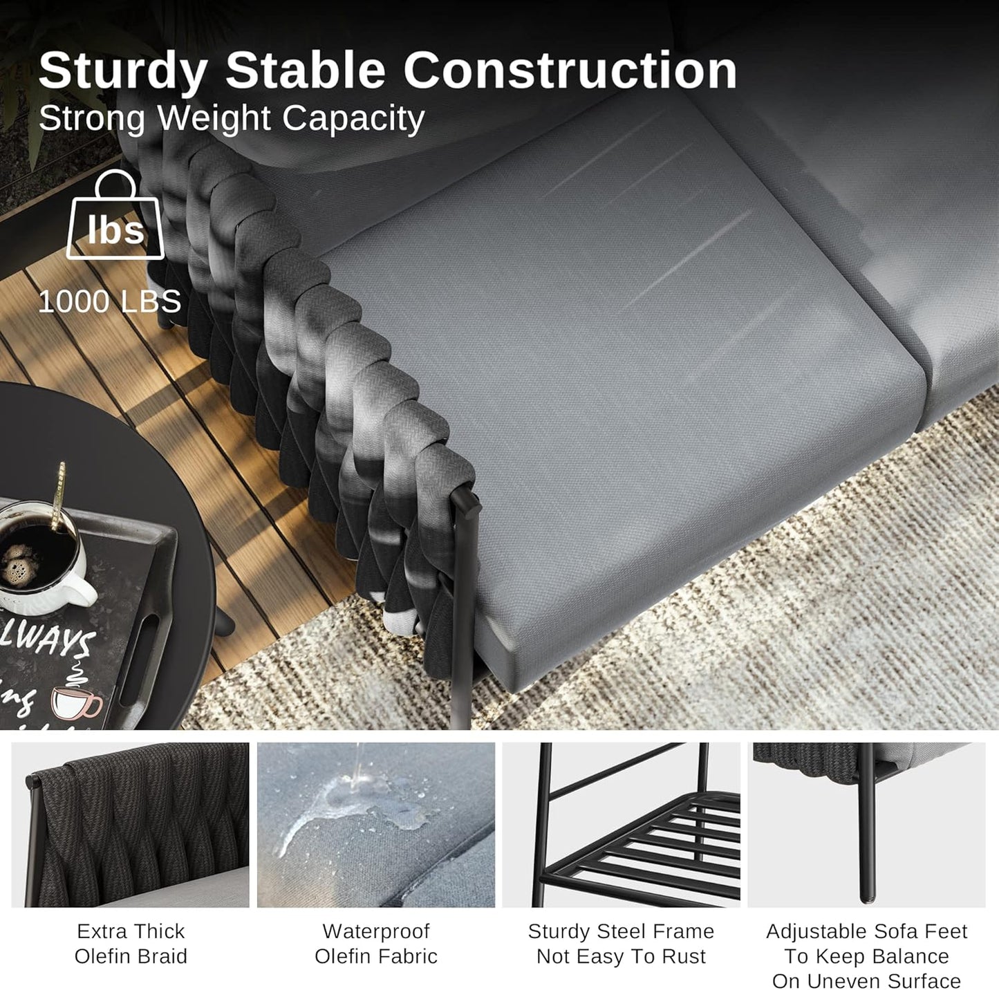 EAST OAK Life Chatter Patio Furniture Set, Outdoor Furniture Sectional Sofa Set with Round Coffee Table, 4 Seats Sofa Deep Seating with Thick & Washable Cushions, Earth Black & Misty Grey