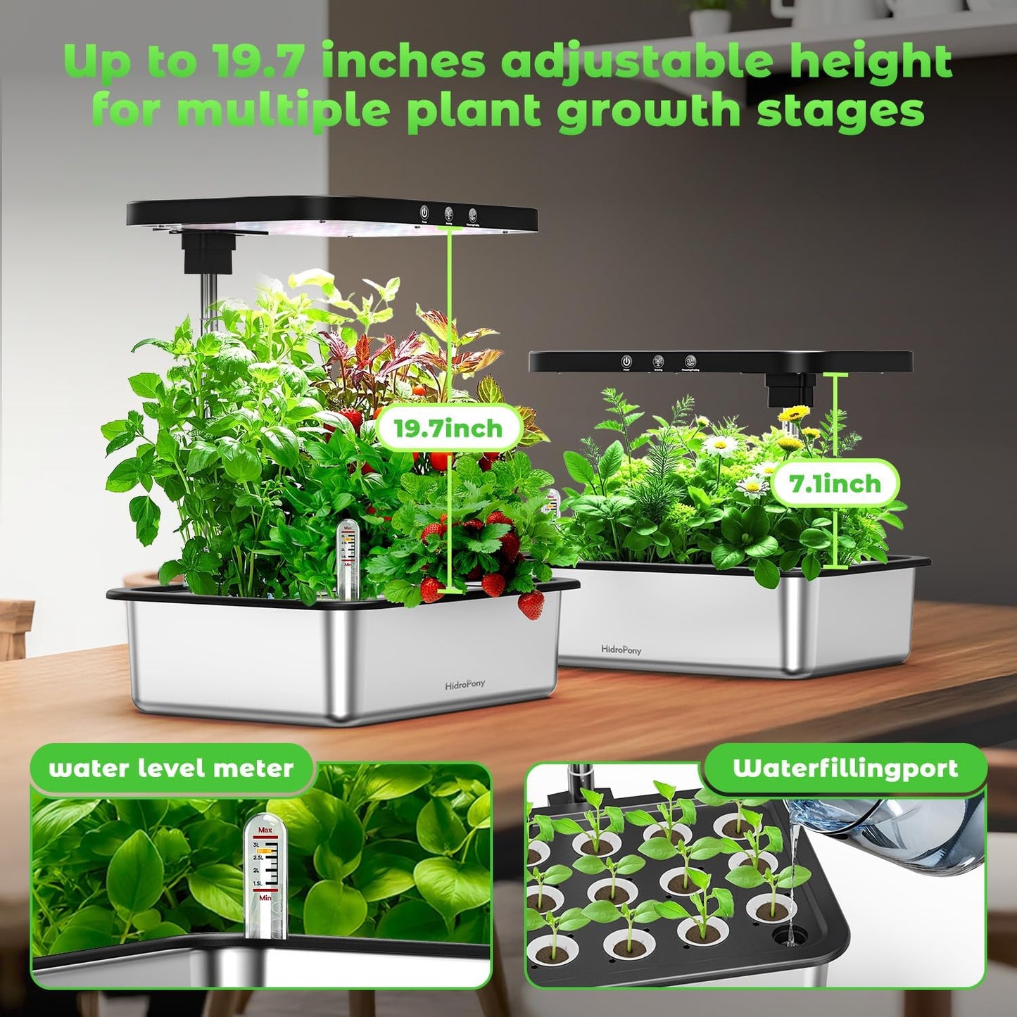Stainless Steel Hydroponics Growing System kit Indoor Garden: 15 Pods Herb Garden with 24W Full Spectrum Grow Light, Hydroponic Gardening System with Silent Pump, Planting Height Up to 19.7"