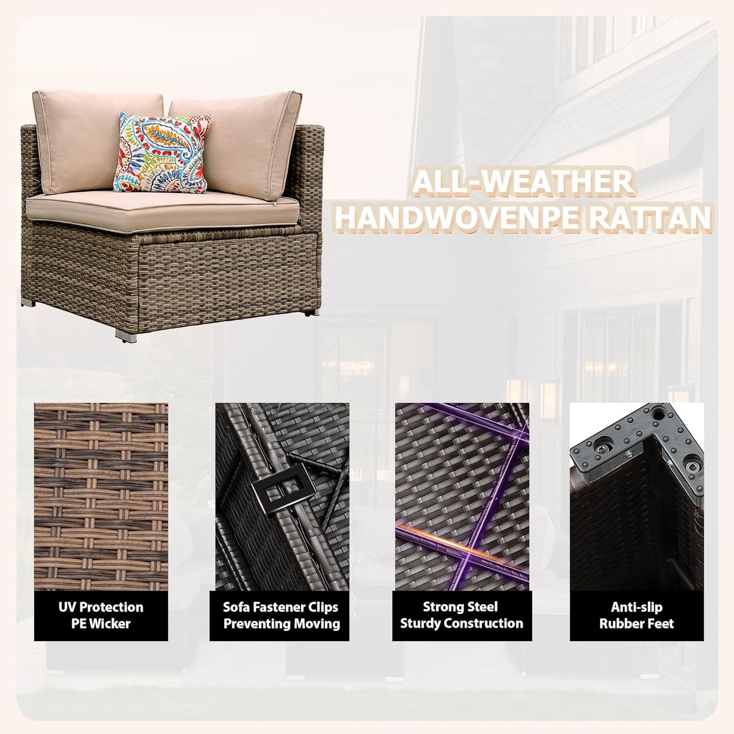 7 Pieces Patio Furniture Set - All-Weather Outdoor Wicker Sectional Conversation Sofa, Rattan Patio Seating Sofa Set with Cushion and Glass Table for Porch Poolside, Brown/Beige