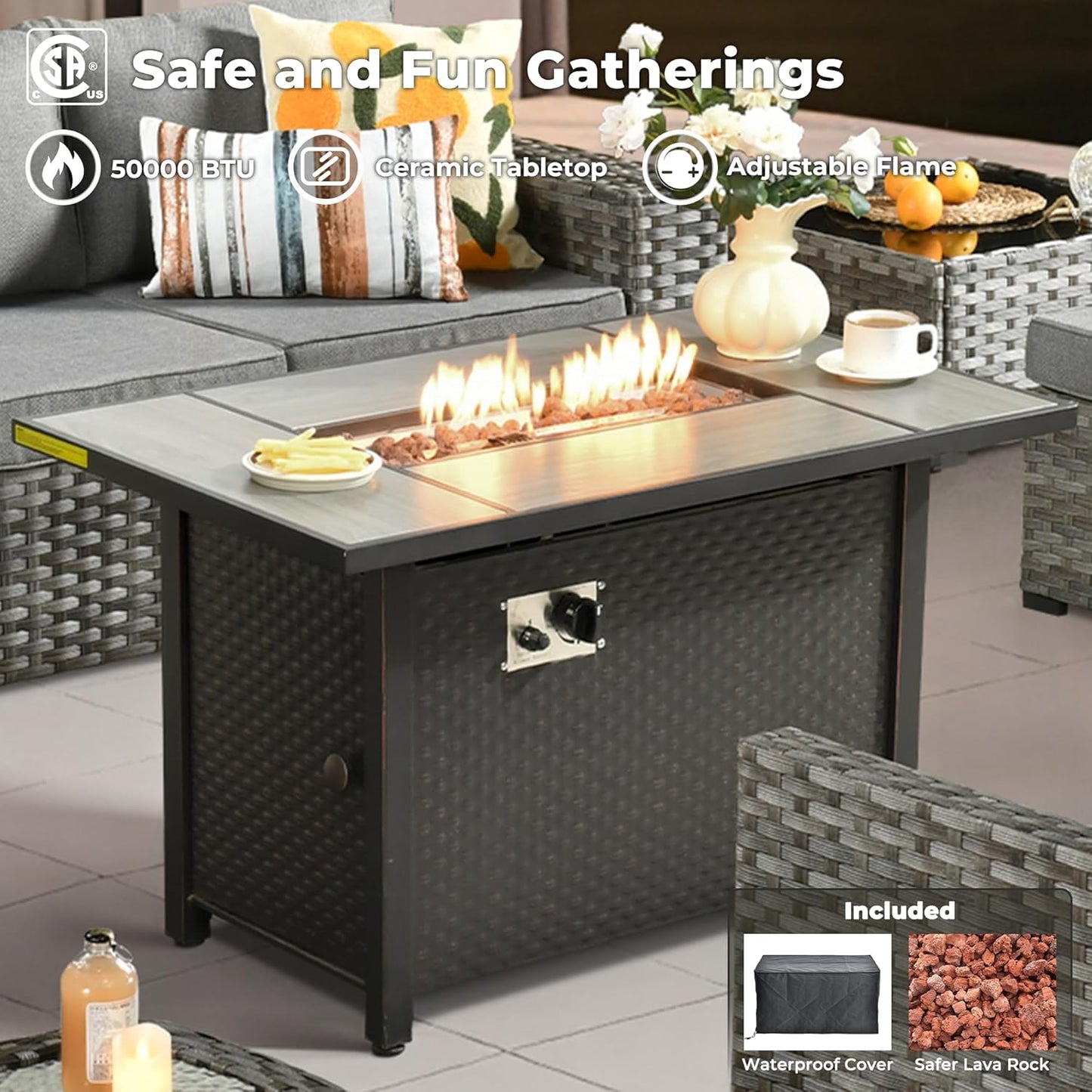 ovios 9 Pieces Patio Furniture Set, Outdoor Wicker Sectional Sofa with 42" Firepit Table Swivel Chair, Modern Modular Deep Seat Rattan Couch Conversation Sets, Dark Grey