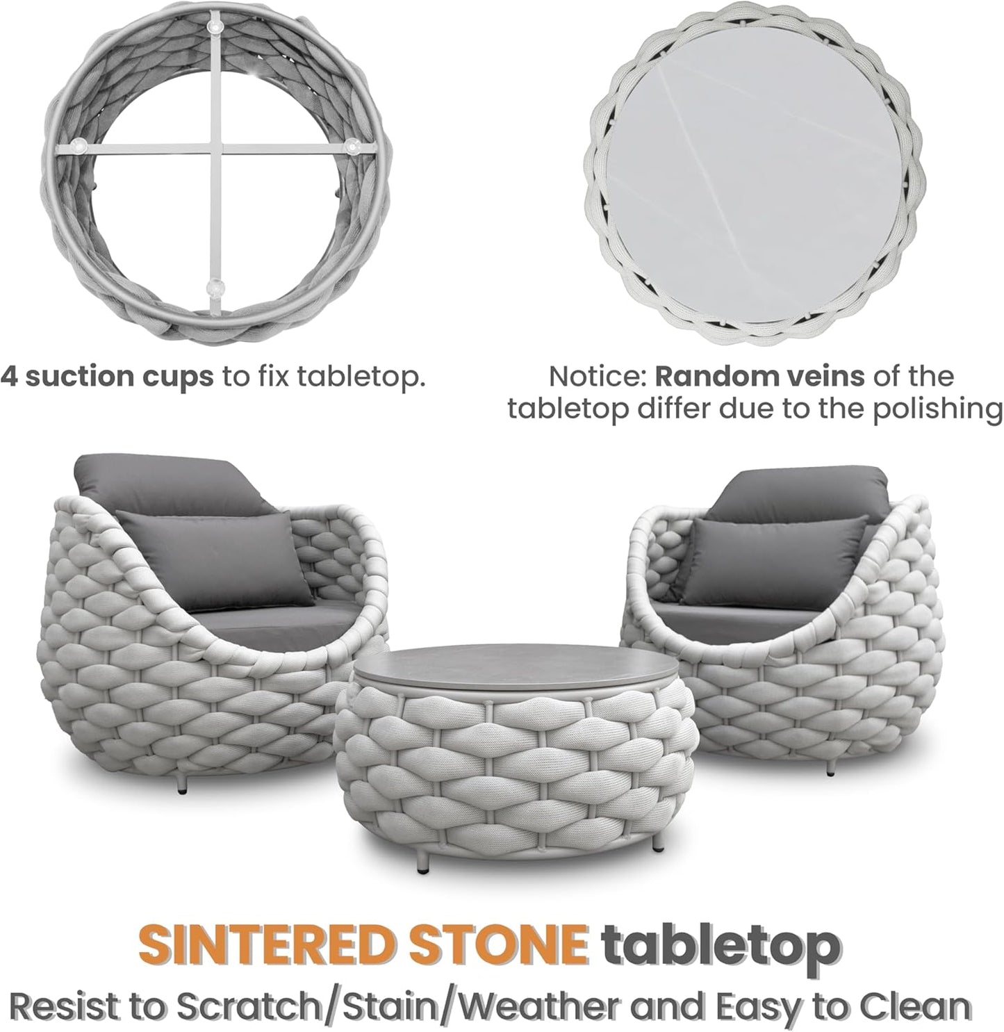 Front Porch Furniture Set 3 Piece: Aluminum Woven Rope Patio Conversation Sofa Set for 2 - Assembled Outdoor Deck Couch Armchair Set Cushions - for 400lb Balcony Pool Yard Bistro Hotel - Gray