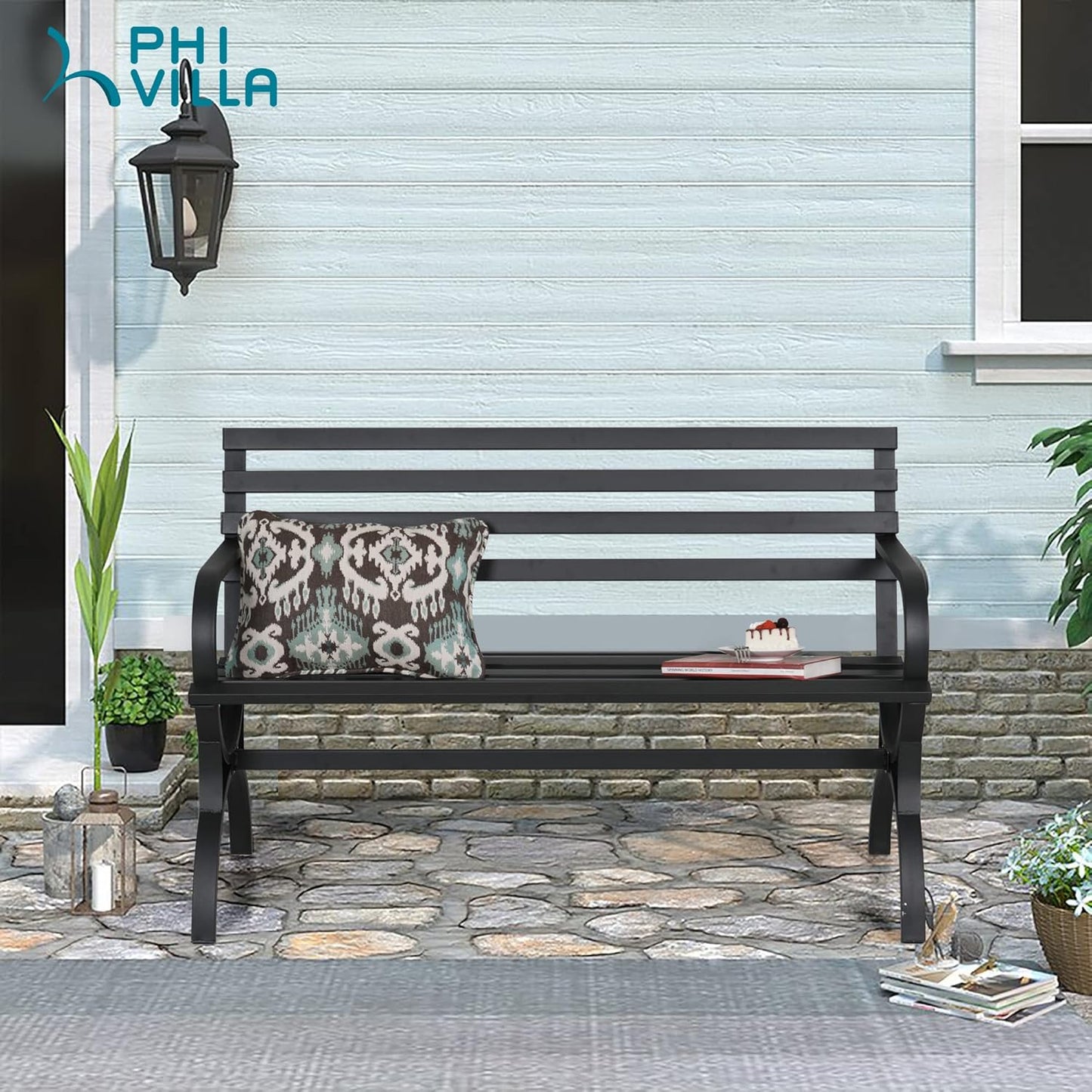 PHI VILLA Outdoor Garden Bench, 48” Long Metal Steel Bench with Backrest and Armrests, Modern Slatted Design for Patio, Lawn, Yard, Porch - Black