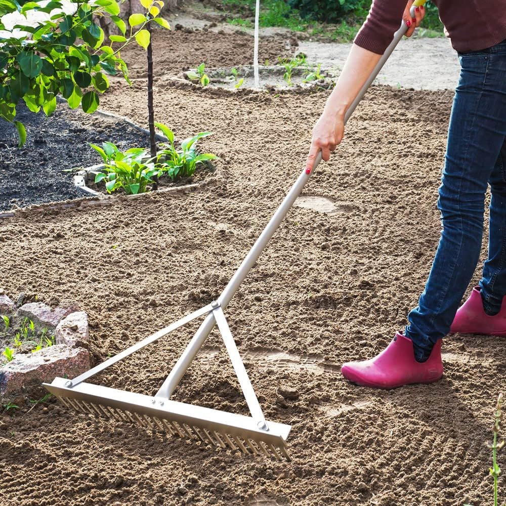 Colwelt Landscape Rake - 24Tines, Aluminum Head with 68" Handle, 24" Width for Beach & Lawn Care