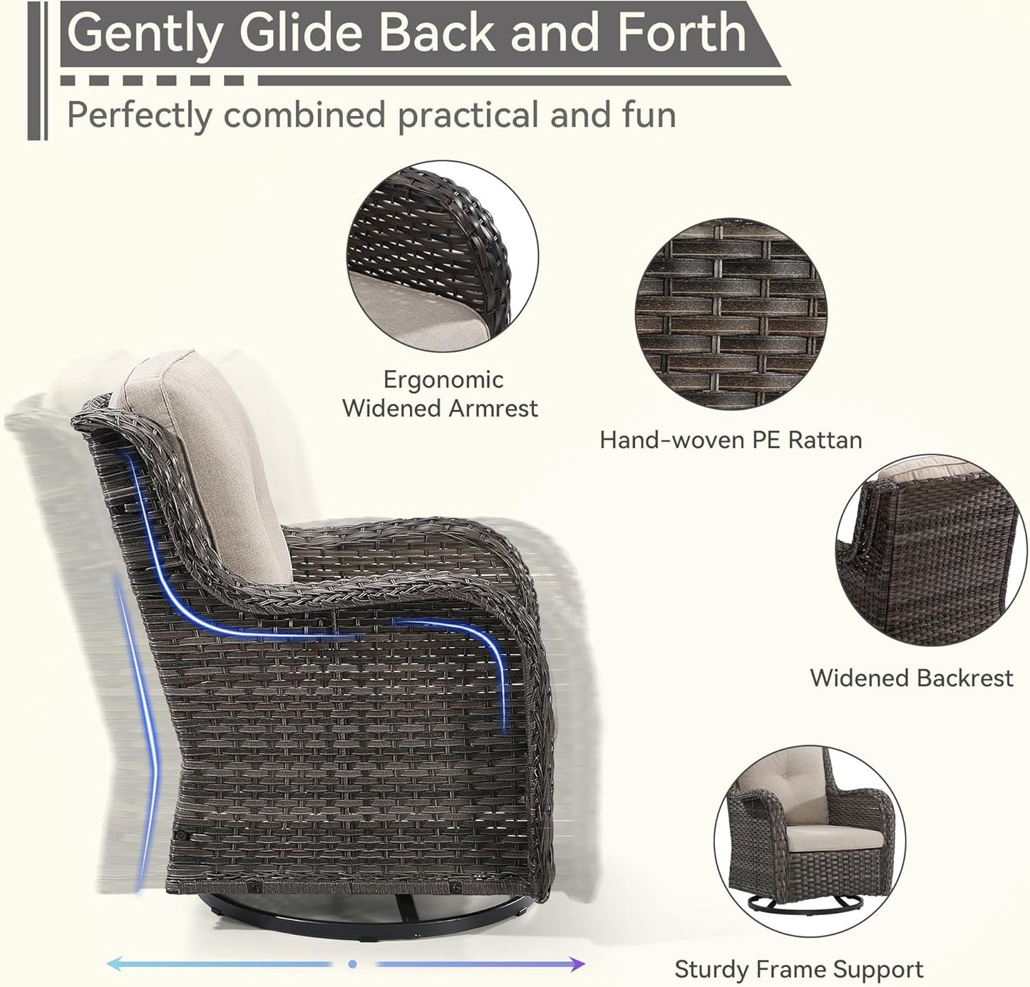 5 Pieces Outdoor Patio Furniture Set - Conversation Set Includes Wicker Swivel Rocker Chairs Set of 2, 2 Ottoman, 3 Seat Sofa, Suitable for Porch, Yard, Mixed Brown Rattan, Beige