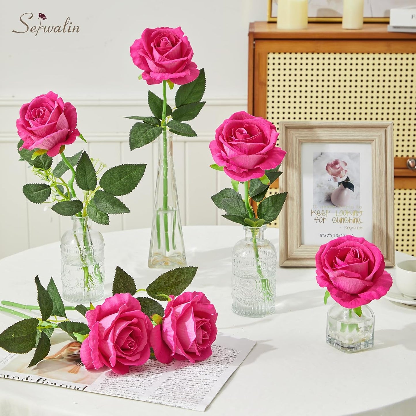 Serwalin 20pcs Artificial Roses, 4'' Big Flower Head, Hot Pink Roses Velvet Real Touch, Silk Fake Roses Long Stem Realistic Bouquet for Wedding Table Centerpiece and Home Decor