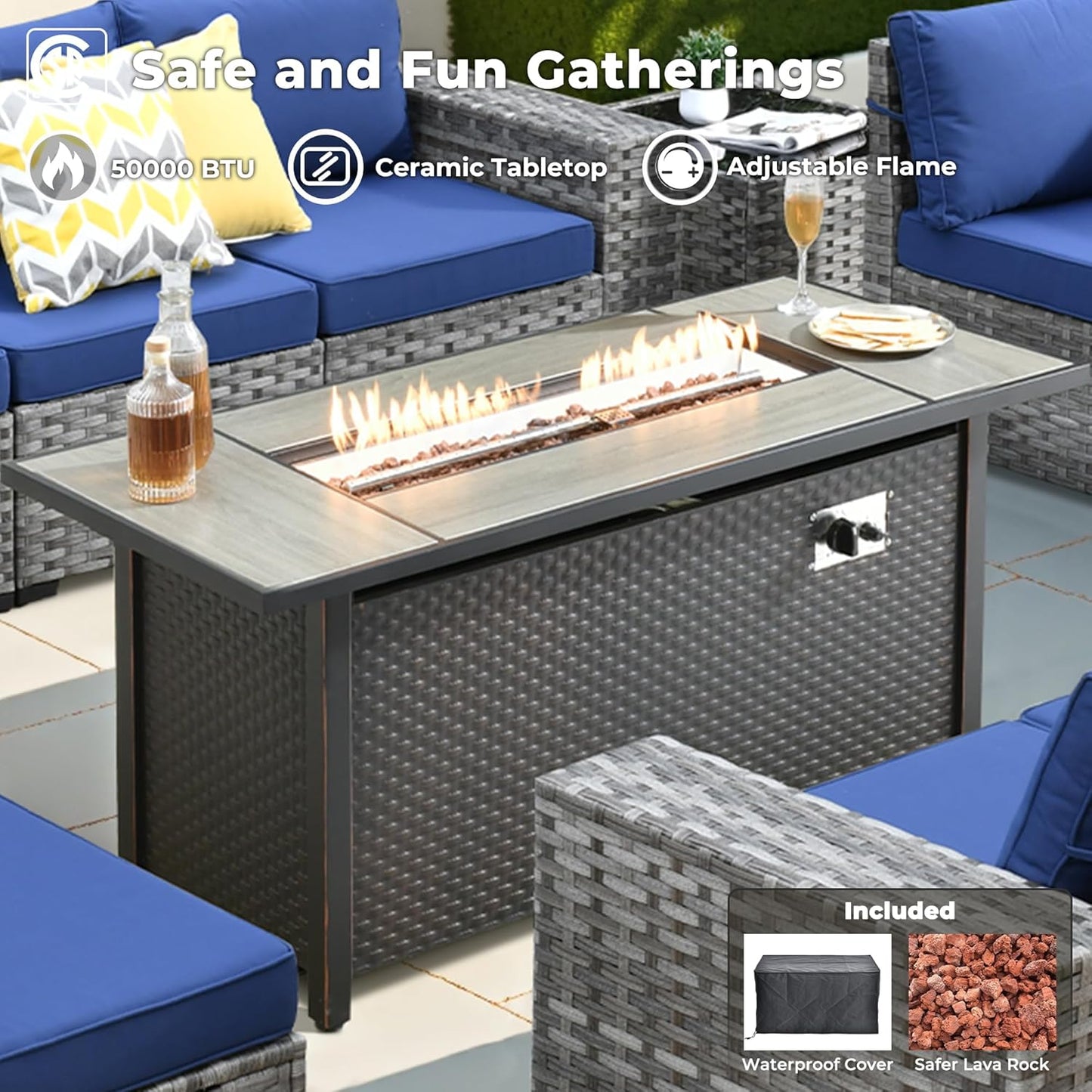 ovios 10 Pieces Patio Furniture Set, Outdoor Wicker Sectional Sofa with 54" Fire Pit Table Swivel Chairs, Modern Modular Deep Seat Rattan Couch Conversation Sets, Navy Blue