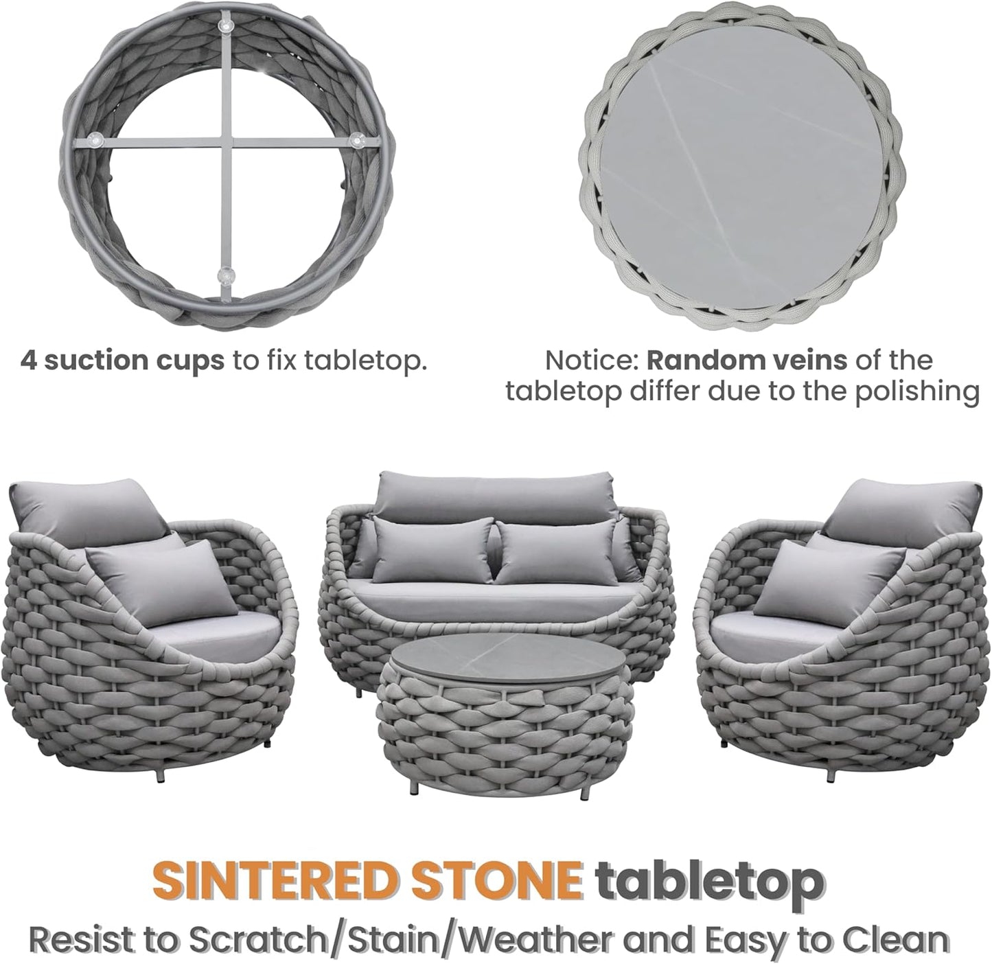 Woven Rope Patio Sofa Furniture Set of 4: Aluminum All Weather Outdoor Conversation Set, Couch Armchair and Loveseat Set with Table Cushions for Deck Porch Poolside Garden Backyard Hotel - Gray