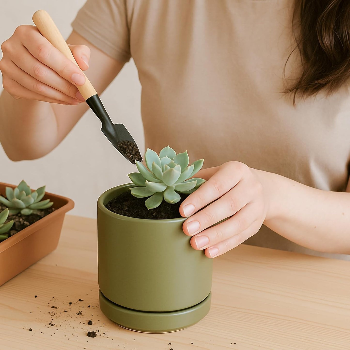 D'vine Dev Set of 2 Plants Pots, 3.5 Inch Ceramic Planter Pot for Plants with Drainage Hole and Saucer, Olive, 94-V-A-J